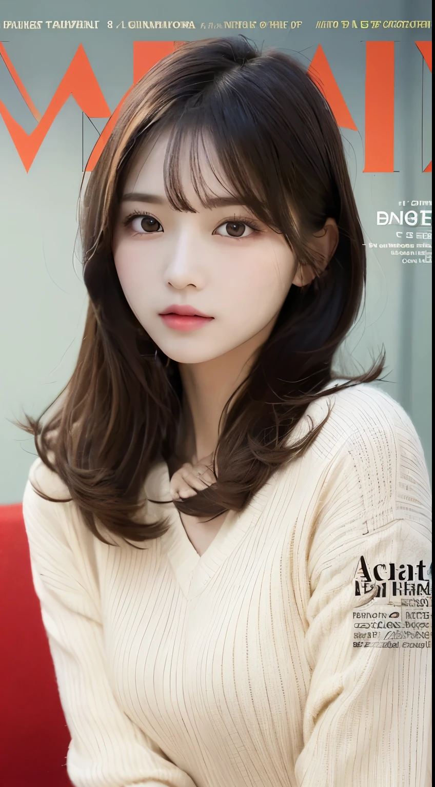 ((Magazine Cover :1.5)), highest quality, figure, Super detailed, In detail, High resolution, 8k wallpaper, Perfect dynamic composition, Beautiful fine details, White sweater, Medium Hair,Small Breasts Natural Color Lip, Bold sexy pose、20-year-old girl、cute、sexy shot looking at camera,Woman close up,KPOP idol faces