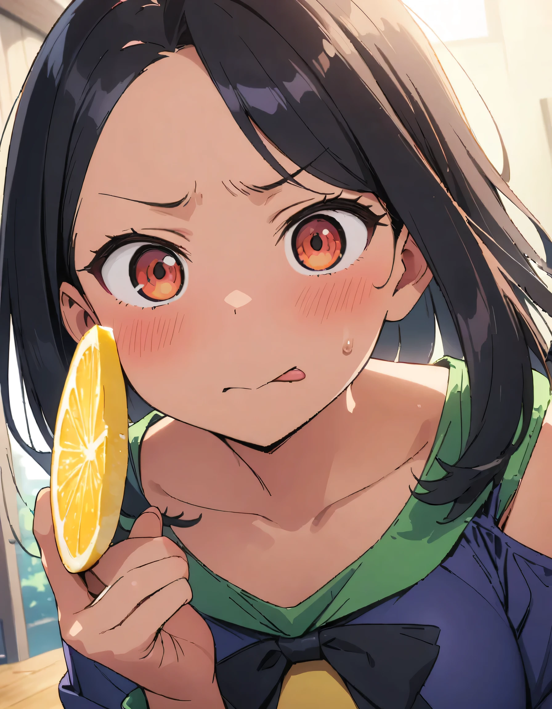 1 girl,Hayase Nagatoro,((Holding a slice of lemon)),(Painful expression,Glare,Sticking out tongue),Don't Toy with Me, Miss Nagatoro,cute,Anime illustration,Anatomically correct,,high quality,masterpiece,,Anatomically correct,最high quality, Great quality, 16k, Unbelievably absurd,Watercolor skin,Very detailed,