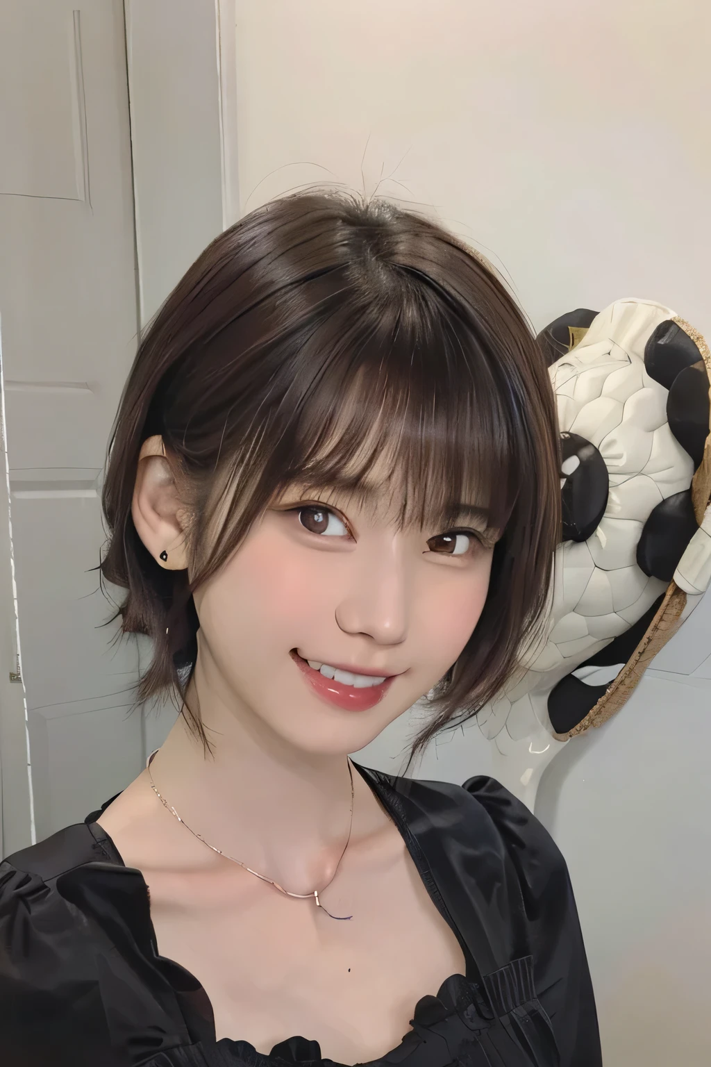 205 ((short hair)), 20 year old female, surrealism, Floral smile、Beautiful teeth alignment、Brown Necklace、Dark brown hair、Ear piercing
