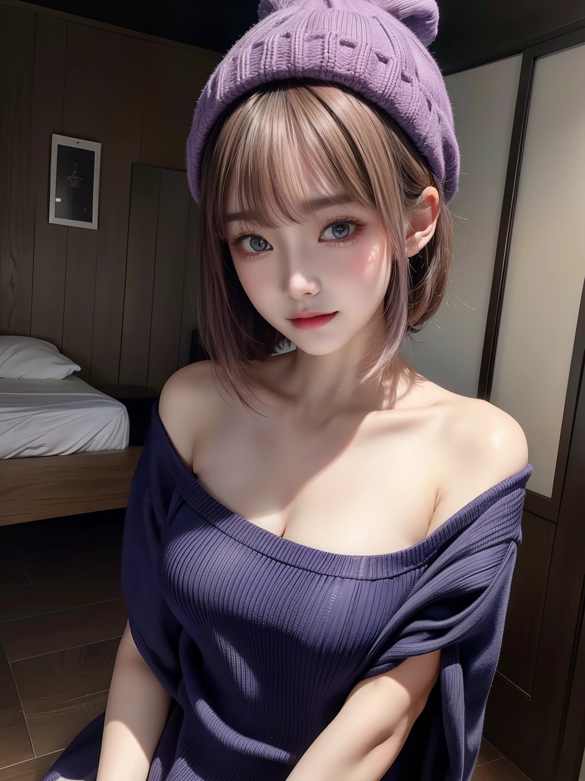 (masuter piece:1.3)、(8K、Photorealsitic、Raw photography、top-quality: 1.4)、(1girl in)、beautiful countenance、(Live-action photography)、(are visible)、(Ash-purple two-tone hair、short-hair:1.3)、(Busty Boobs)、Hoodie without front closure、((sexy revealing clothes))、Beanie、Wearing a knitted cute pom-pom hat、(Display hats on the screen)、realisticeyes、Beautiful details、(real looking skin)、Beautiful skins、absurderes、enticing、 high resolution、A hyper-realistic、high-detail、the golden ratio