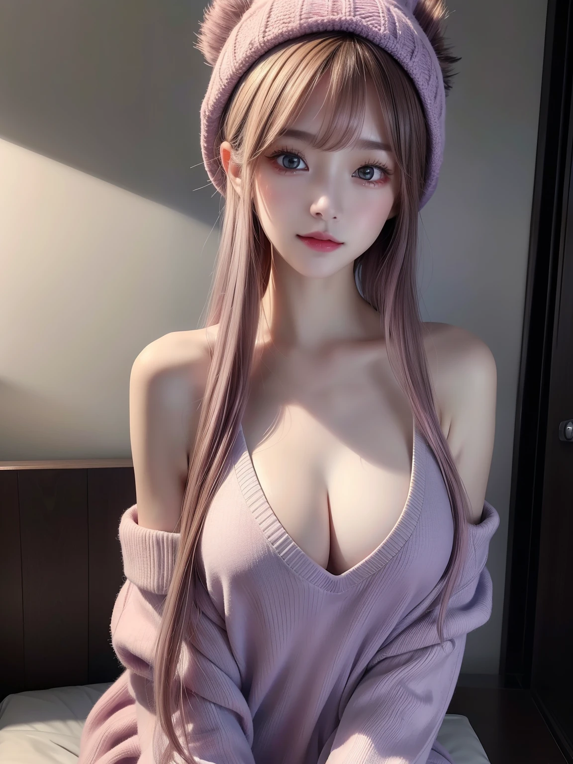 (masuter piece:1.3)、(8K、Photorealsitic、Raw photography、top-quality: 1.4)、(1girl in)、beautiful countenance、(Live-action photography)、(are visible)、(Ash-purple two-tone hair、short-hair:1.3)、( Boobsdie without front closure、((sexy reveag clothes))、Beanie、Wearing a knitted cute pom-pom hat、(Display hats on the screen)、realisticeyes、Beautiful details、(real looking skin)、Beautiful skins、absurderes、enticing、 high resolution、A hyper-realistic、high-detail、the golden ratio