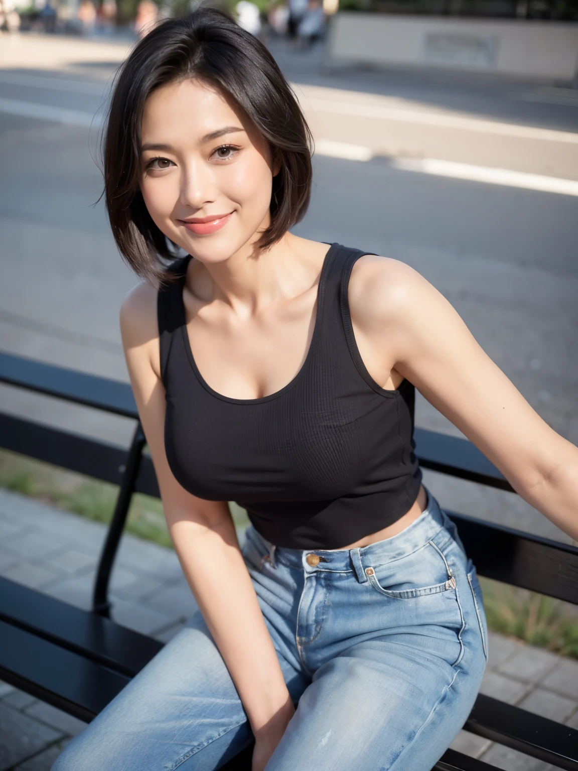 最high quality, In 8K, Masseter region, Vibrant, Sharp focus, high quality, High resolution, Detailed face, fine grain, Red lips, (Observe the audience), alone, Beautiful woman, 38 years old, (Very short black hair:1.3)、（Bob Hair）、（Slightly slim body type）、（c cup breasts）、 Cleavage, , afternoon、（Germany、Berlin、The square in front of the church:1.5）,(Sit on a bench:1.5)、（(A fitted white tank top:1.6)）、（Blue Jeans:1.6）、（Black pumps:1.5）、（(smile:1.3）、