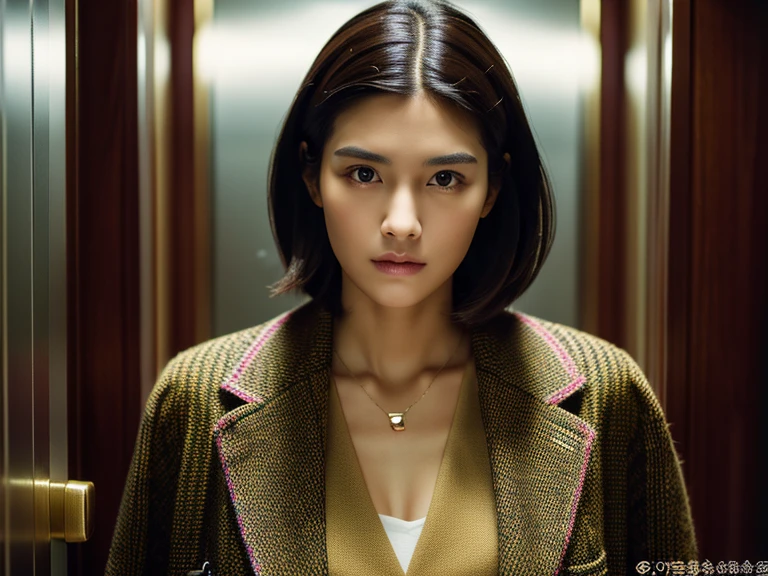 (masterpiece:1.3), (8K, Photorealsitic, Raw photography, top-quality: 1.4), (1girl in), (A pretty woman with slim figure:1.4), enigmatic beauty, stunning face, beautiful countenance, (Lifelike face), Beautiful hairstyle, Black hair, realisticeyes, beautiful detail, (real looking skin), Beautiful skins, enticing, The ultra -The high-definition, A hyper-realistic, ighly detailed. Stepping out elevator. (Red long woolen coat #00F1F1: 1.4), (White dress #(255, 255, 255): 1.2), (Red high heel #(255, 30, 30): 1.2), (Red long woolen coat #(255, 30, 30): 1.4). Background: (the elevator hall has skin-tone marble wall #(255, 218, 182): 1.3), inside the elevator is warm light