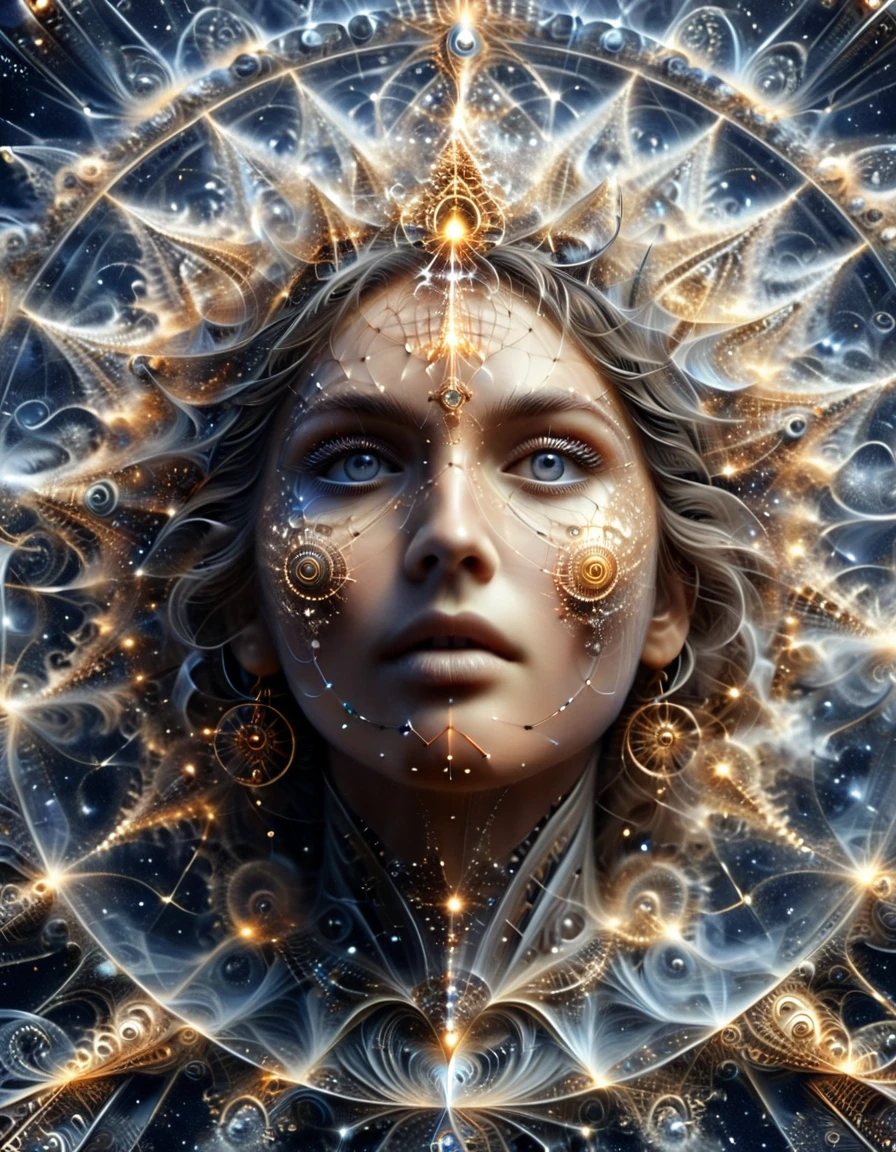 Un ciel étoilé où les constellations sont des Mathematical Equations réalistes qui prennent vie, their tendrils reach through the darkness, nombre Pi, fractals and complex geometric structures,  (une femme 35 ans, femme debout, corps sublime, poitrine push-up, perfect and detailed eyes, pupilles parfaites, corps entier, full-length, robe fractales , longues jambes sublimes ), ((Mathematical Equations))