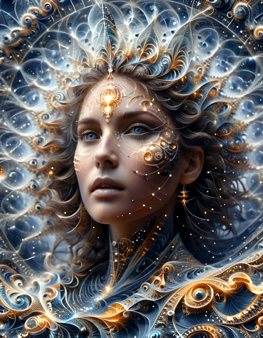 Un ciel étoilé où les constellations sont des Mathematical Equations réalistes qui prennent vie, their tendrils reach through the darkness, nombre Pi, fractals and complex geometric structures, (une femme 35 ans, femme debout, corps sublime, poitrine push-up, perfect and detailed eyes, pupilles parfaites, corps entier, full-length, robe fractales , longues jambes sublimes ), ((Mathematical Equations))