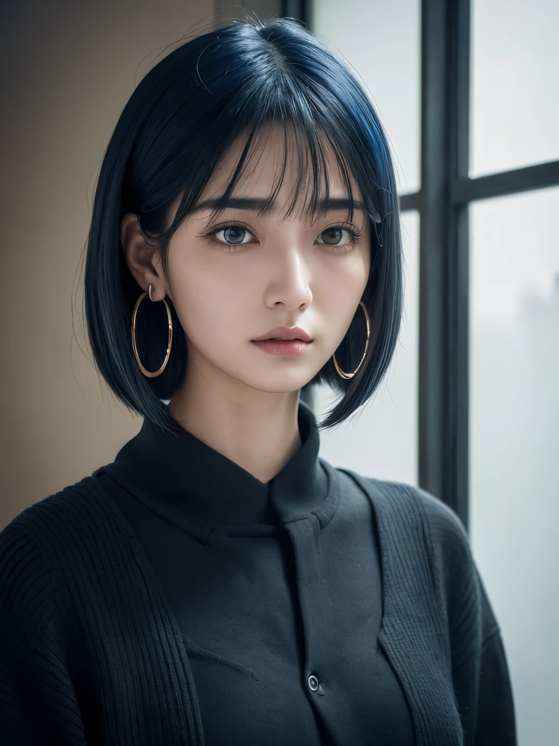 sleepy, expressionless, hoop earrings, tareme, colored inner hair, black hair, grey hair, Surrealism, Verism, UHD, masterpiece, anatomically correct, textured skin, super detail, highres, UHD,A woman standing in an empty room，Early 20s,Half Japanese and half Georgian,