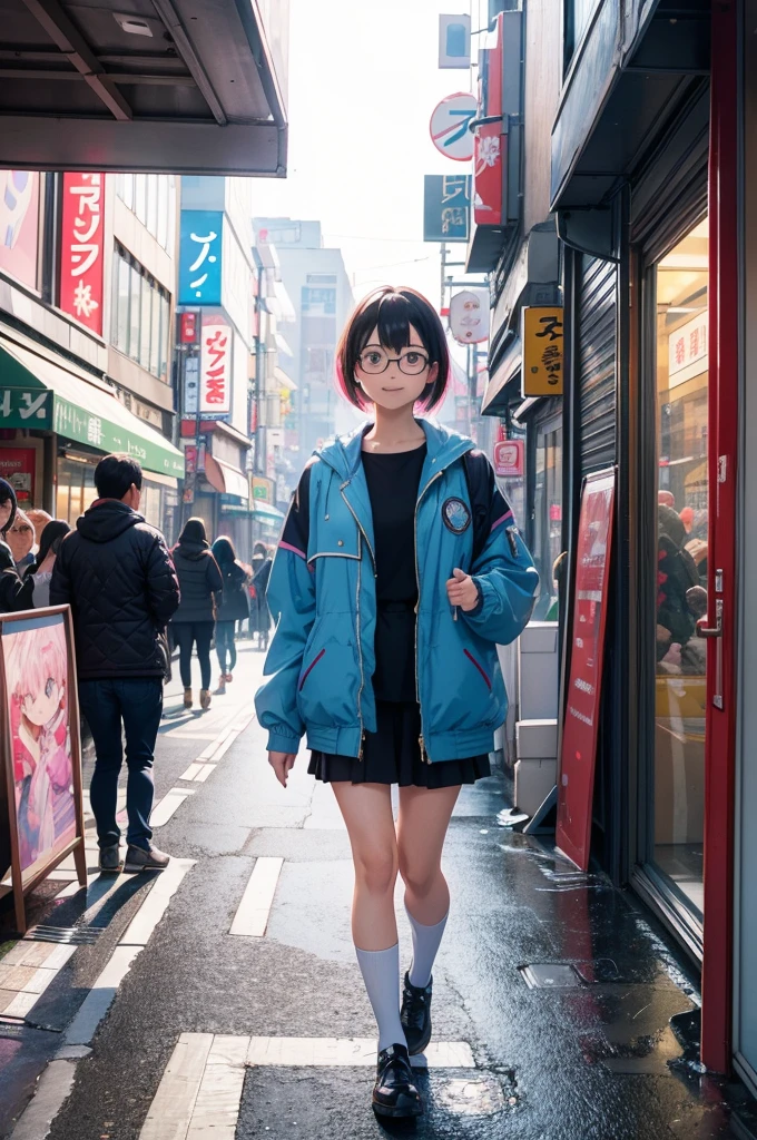 In the bustling streets of Akihabara on a sunny day, a high-definition scene unfolds: a premium-grade image of a Japanese girl strolling with a smile. She sports a blue jacket over a pink shirt adorned with a car stamp, her short hair framing her face elegantly. Behind her glasses, her eyes radiate warmth and curiosity. The ambient occlusion and global illumination techniques capture the atmospheric effects of the vibrant cityscape, with reflections shimmering on storefront windows and shadows dancing playfully along the pavement.
The composition is carefully crafted, with symmetry enhancing the overall aesthetic. Subtle gradients in the sky and surroundings add depth and dimension to the scene, while color harmony infuses the image with a sense of cohesion. Rendered in full HD, every detail, from the folds of her jacket to the texture of the pavement, is crisp and clear.
The depth of field draws focus to the character design, reminiscent of anime 90s style, while manga influences are evident in the expressive lines and emotive features. As she walks, she embodies the essence of Akihabara - a melting pot of culture, technology, and creativity. This AI-generated image captures the spirit of the moment, inviting viewers to immerse themselves in the charm and energy of one of Tokyo's most iconic districts.