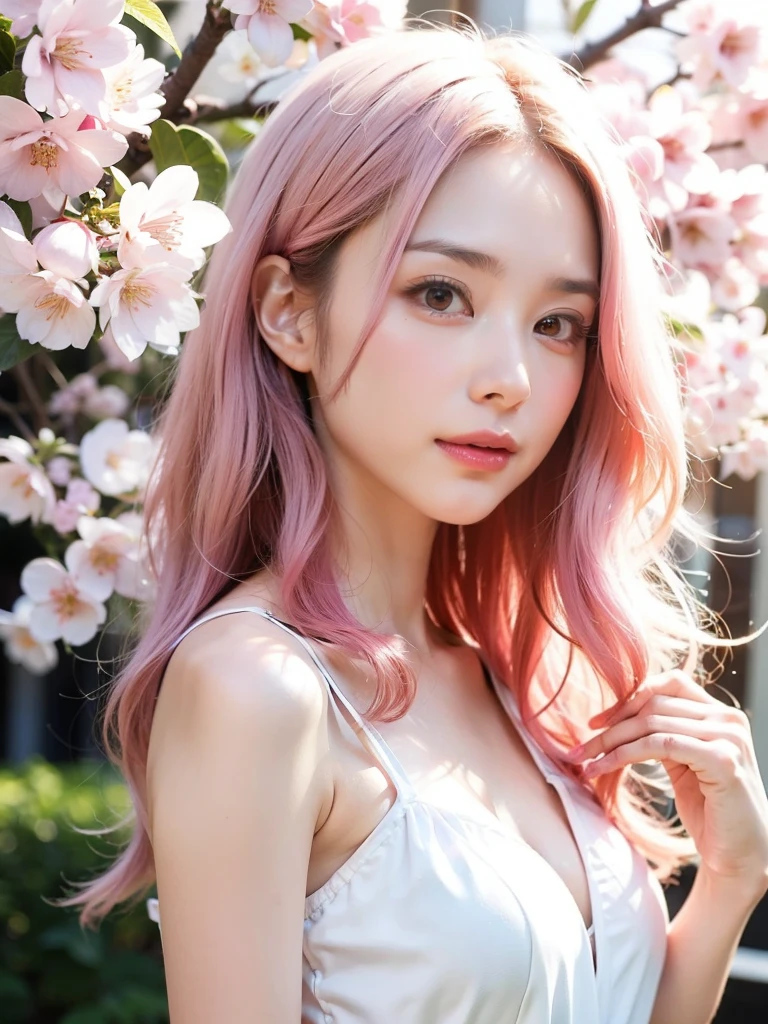 light pink hair, pink eyes, pink and white, cherry blossom leaves, Bright colors, white dress, paint splashes, simple background, ray tracing, wavy hair