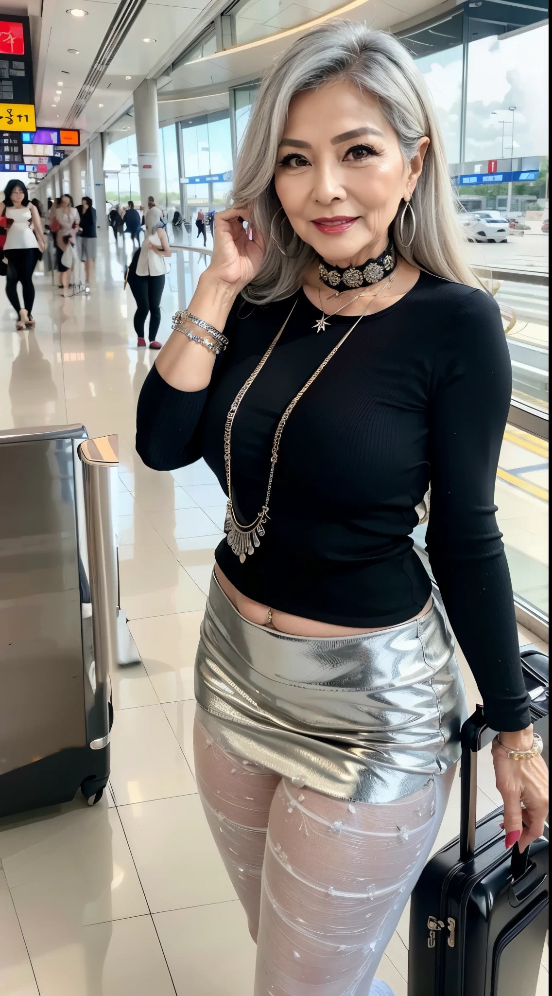 75 years old　Mom　MILF　Korean, Lady　large earring　Big choker　navel piercing decoration　A bracelet　Silver Hair　realisitic　Gorgeous Madame Beautiful Mature Woman　sexy　Smile　Gentle woman navel piercing　４K　High quality 　airport　Traveler　crowd　Beautiful feet　Gorgeous Madame Beautiful Mature Woman
