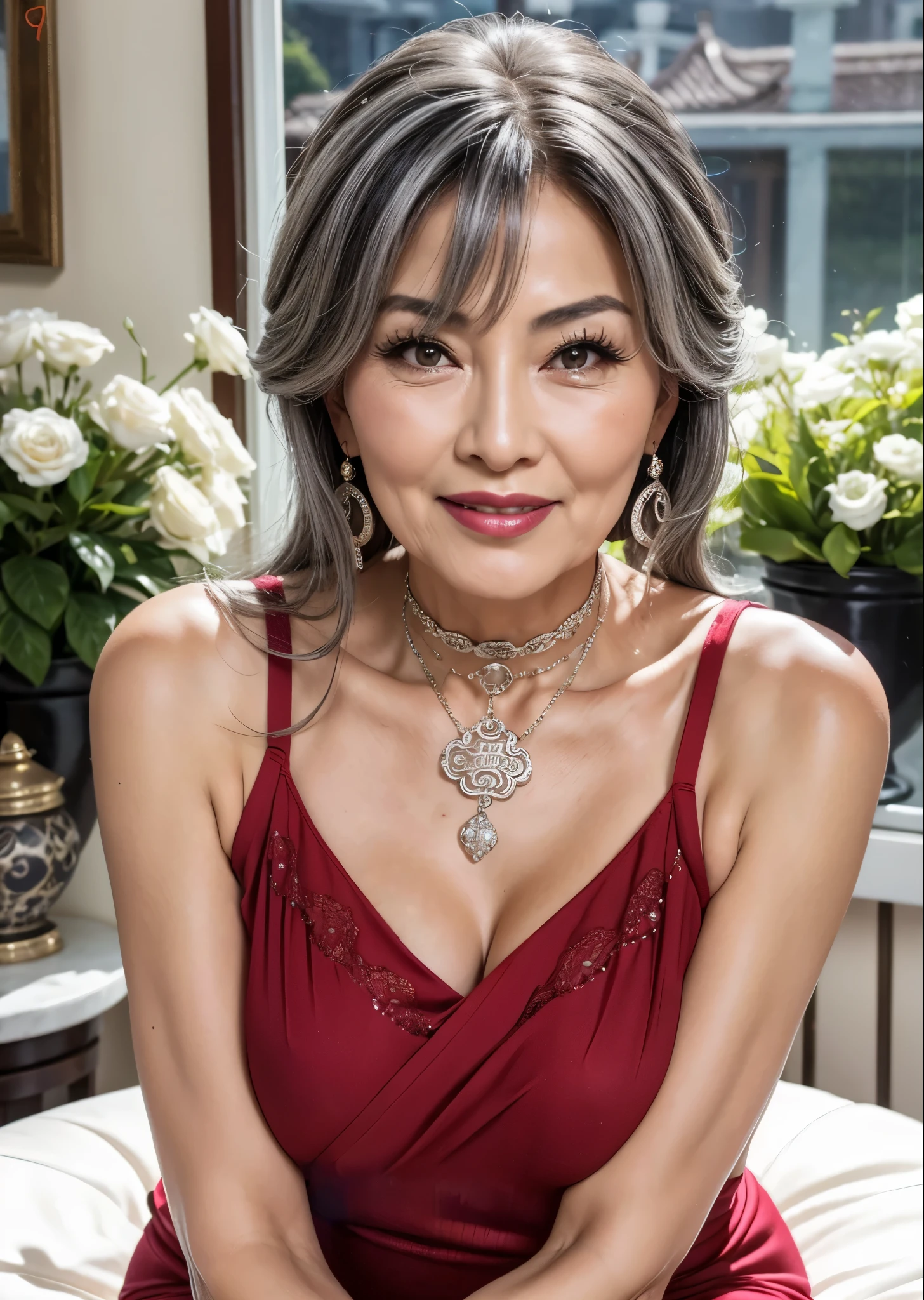 75 years old Mom MILF Chinese Lady large earring Big choker navel piercing decoration A bracelet Silver Hair realisitic Gorgeous Madame Beautiful Mature Woman sexy Smile Gentle woman navel piercing 4K High quality bathroom window Wet Gorgeous Madame Beautiful Mature Woman