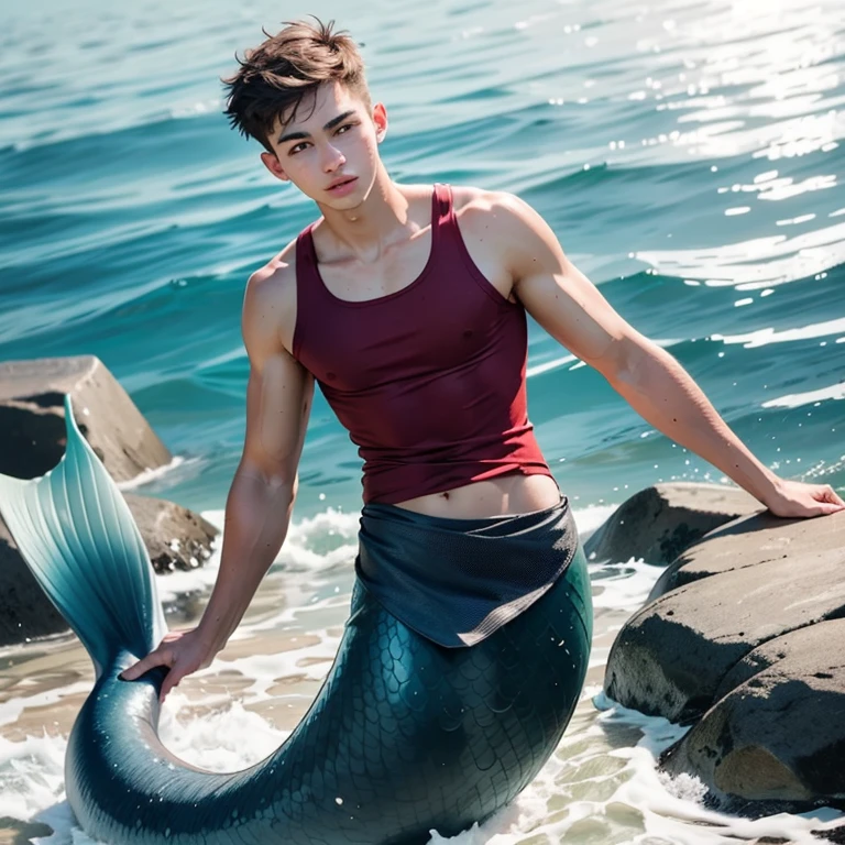 long mermaid tail below waistline, fins ears, red fish scales on skin,( masterpiece), (high quality:1.2), (best quality:1.2), sharp focus, a young man, short hair, 20yo, slim but fit and toned, wearing ((squarecut tanktop)), swimming in the sea, noontime, daylight, natural lighting, 