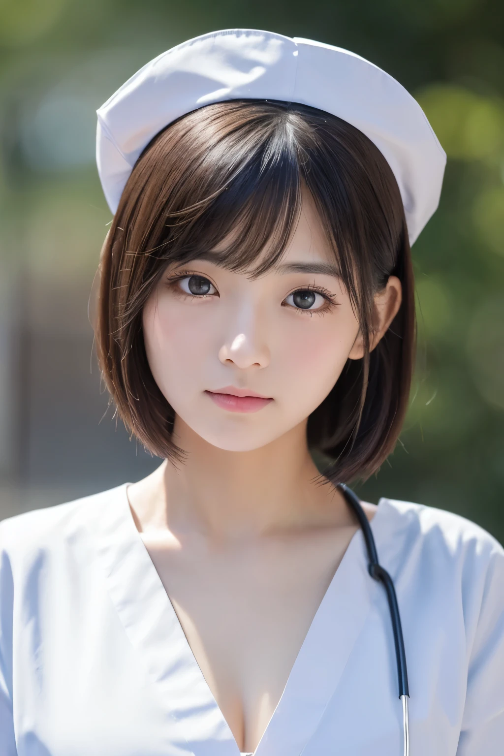 (1 Girl)、(Beautiful Japanese、18years old,round face、Refreshing、clear、seems kind、stylish、Pitiful、cute like an angel、cute、black eyes、,actress,Almond-shaped eyes,Translucent white skin、Beautiful skin), Good style , (Beautiful big breasts:1.2),(soft breasts),(very cute),(Black hair),(short bob hair),(enchanting eyes),(highlight on eyes:1.2)、(8K、Live shooting、highest quality、masterpiece:1.2、optimal lighting)、((masterpiece)),(Photo taken by a professional photographer),(real、photo real:1.4),break,{ (White nurse costume),(((taraditional nurse uniform)))},(Embarrassed face:1.4),(tears:1.4))(cheeks are red:1.2), break, break,Old abandoned hospital,Face shot:1.3、looking at viewer, face close-up,Looking up、sitting、Cleavage、Peering in with a worried look on his face。(((Looking back)))