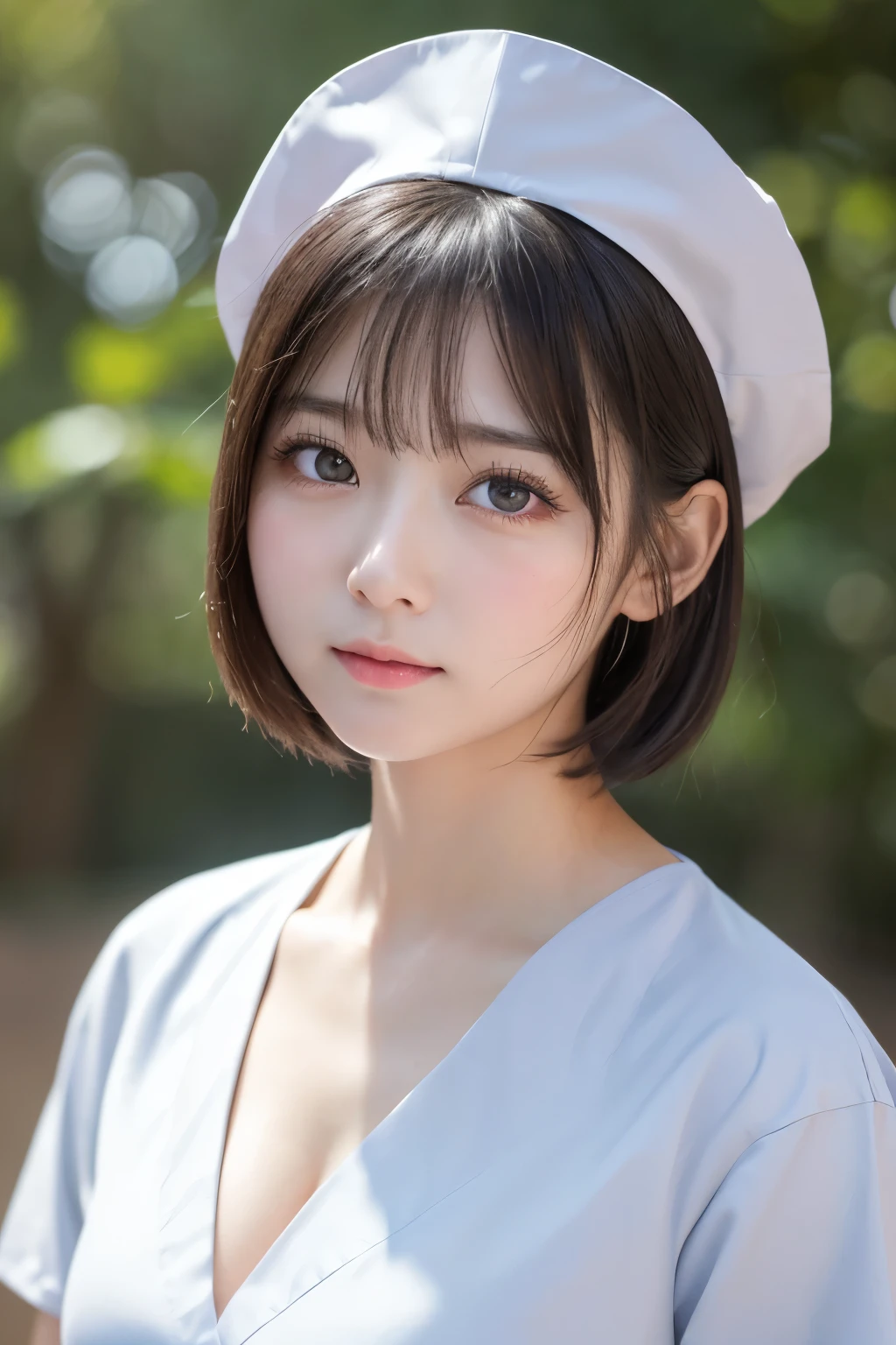 (1 Girl)、(Beautiful Japanese、18years old,round face、Refreshing、clear、seems kind、stylish、Pitiful、cute like an angel、cute、black eyes、,actress,Almond-shaped eyes,Translucent white skin、Beautiful skin), Good style , (Beautiful big breasts:1.2),(soft breasts),(very cute),(Black hair),(short bob hair),(enchanting eyes),(highlight on eyes:1.2)、(8K、Live shooting、highest quality、masterpiece:1.2、optimal lighting)、((masterpiece)),(Photo taken by a professional photographer),(real、photo real:1.4),break,{ (White nurse costume),(((taraditional nurse uniform)))},(Embarrassed face),(tears:1.4))(cheeks are red:1.2), break, break,Old abandoned hospital,Face shot:1.3、looking at viewer, face close-up,Looking up、sitting、Cleavage、Peering in with a worried look on his face。(((Looking back))),Smile