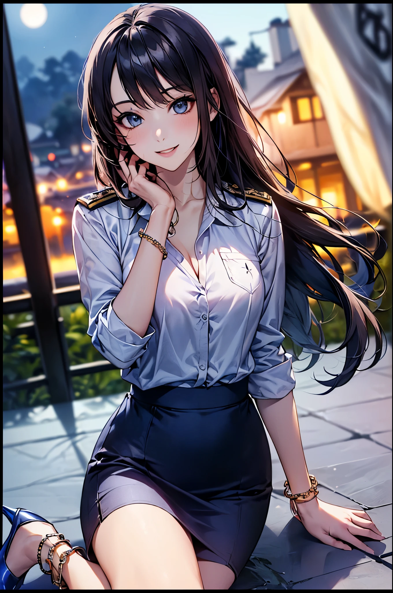 ((Biologically correct limb count))、(( whole body including face))、4K、Masterpiece、((Focus on the face))、((Symmetrical, well-proportioned facial features))、Eyes with delicate depictions、(((1 person)))、Beautiful woman、Outstanding style、Slender Body、、((Navy blue military uniform、shirt、Checked Skirt,(High heels with anklets)))、(((coastal)))、(Smiling and smiling)、(Close-up photo of the upper body)、High angle、Photos with a white border around them、night、