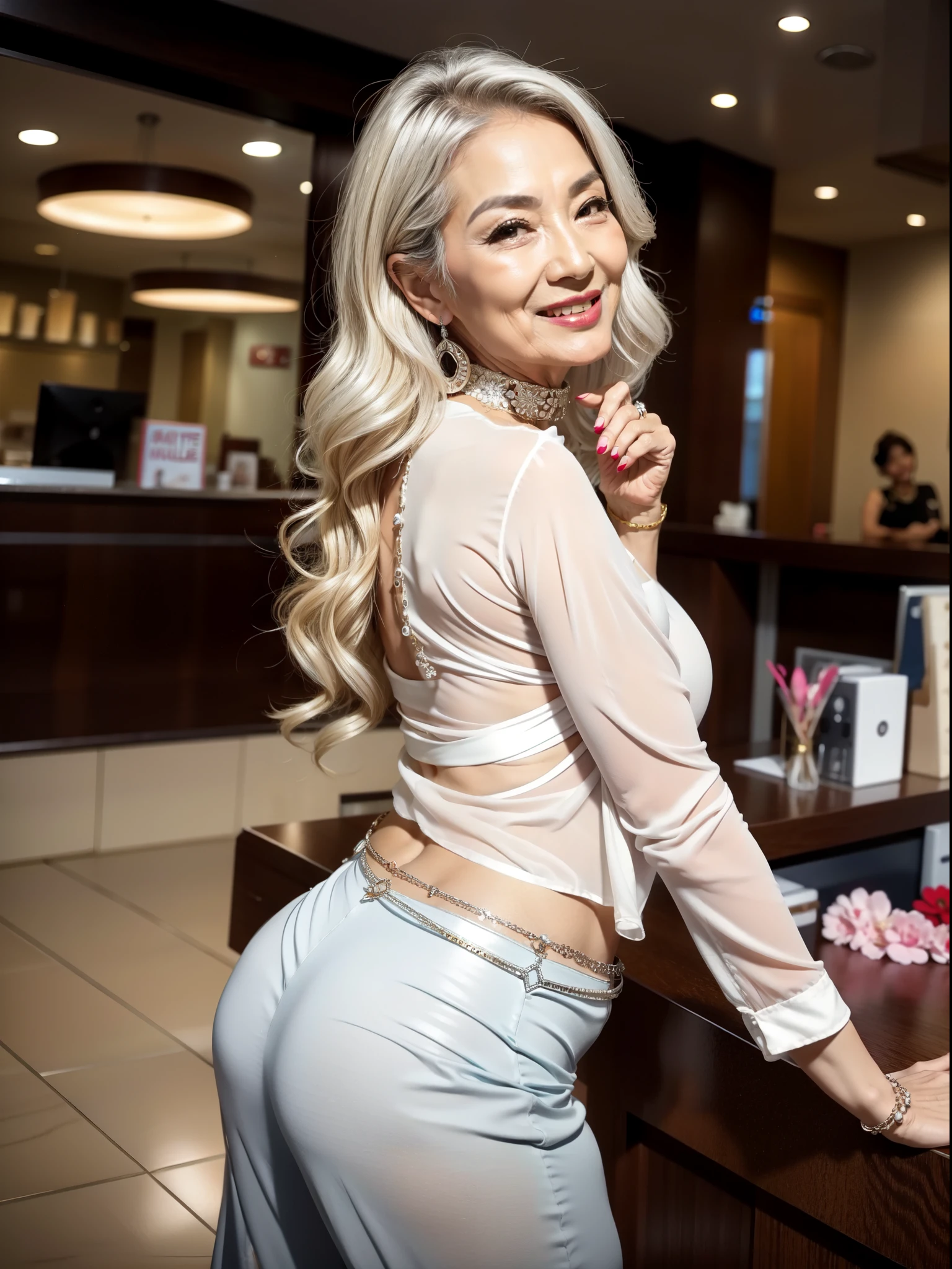 75 years old Mom MILF Chinese Lady large earring Big choker navel piercing decoration A bracelet Silver Hair realisitic Gorgeous Madame Beautiful Mature Woman sexy Smile Gentle woman navel piercing 4K High quality shopping mall look back luggage shopping Gorgeous Madame Beautiful Mature Woman
