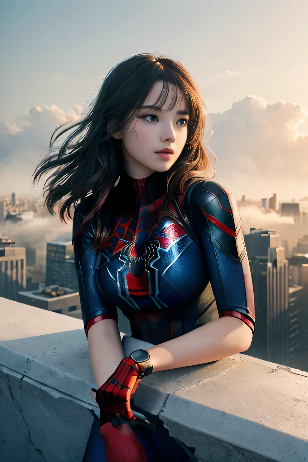 (1girl:1.3), Solo, (((Very detailed face)))), ((Very detailed eyes and face)))), Beautiful detail eyes, Body parts__, Official art, Unified 8k wallpaper, Super detailed, beautiful and beautiful, beautiful, masterpiece, best quality, original, masterpiece, super fine photo, best quality, super high resolution, realistic realism, sunlight, full body portrait, amazing beauty, dynamic pose, delicate face, vibrant eyes, (from the front), She wears Spider-Man suit, red and black color scheme, spider, very detailed city roof background, rooftop, overlooking the city, detailed face, detailed complex busy background, messy, gorgeous, milky white, highly detailed skin, realistic skin details, visible pores, clear focus, volumetric fog, 8k uhd, DSLR, high quality, film grain, fair skin, photo realism, lomography, futuristic dystopian megalopolis, translucent