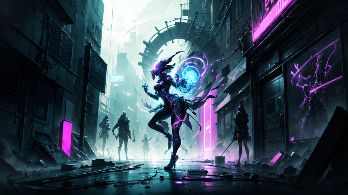 DemiHawks, Urban sprawl, woman, urban dance clothing, Dramatic lighting, High Contrast, silhouette, Poster-worthy, Street fashion, graffiti, Neon Light, Shadow, Dystopia, cyber punk, Futuristic, SF, Tron, Blade Runner, Elysium, Westworld, Black Neon, dance, fluid, dynamic, energy, Movement, shape, performance. Night Sky, Neon Street, 