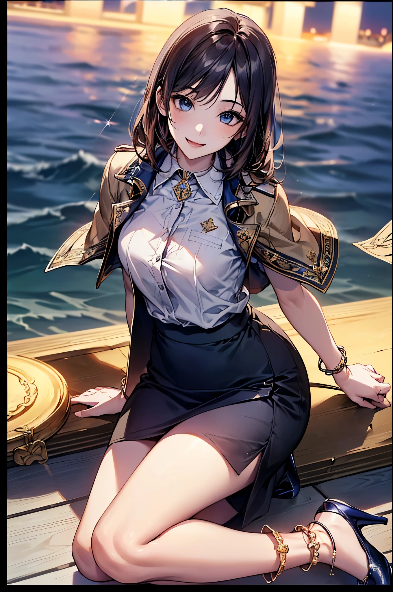 ((Biologically correct limb count))、(( whole body including face))、4K、Masterpiece、((Focus on the face))、((Symmetrical, well-proportioned facial features))、Eyes with delicate depictions、(((1 person)))、Beautiful woman、Outstanding style、Slender Body、、((Navy blue military uniform、shirt、Checked Skirt,(High heels with anklets)))、(((coastal)))、(Smiling and smiling)、(Close-up photo of the upper body)、High angle、Photos with a white border around them、night、