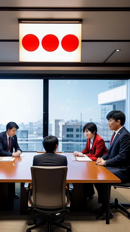 A scene depicting Japanese politics. A group of politicians in suits are having a serious discussion in a modern conference room. In the background, there is a Japanese flag, and a map of Japan is displayed on a screen. The atmosphere is formal and professional, with a focus on governance and decision-making.