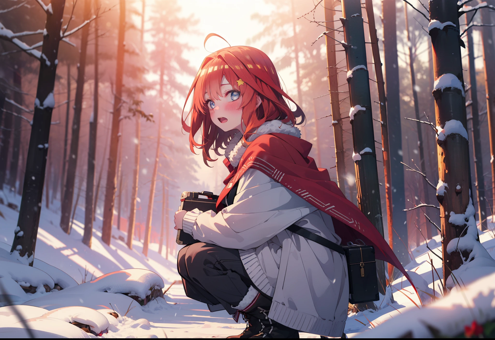 itsukinakano, Itsuki Nakano, bangs, blue eyes, Hair between the eyes, Ahoge, Redhead, star \(symbol\), hair ornaments, star hair ornaments,smile,blush,White Breath,
Open your mouth,snow, fire, Outdoor, boots, snowing, From the side, wood, suitcase, Cape, Blurred, Increase your meals, forest, White handbag, nature,  Squat, Mouth closed, フードed Cape, winter, Written boundary depth, Black shoes, red Cape break looking at viewer, Upper Body, whole body, break Outdoor, forest, nature, break (masterpiece:1.2), highest quality, High resolution, unity 8k wallpaper, (shape:0.8), (Beautiful and beautiful eyes:1.6), Highly detailed face, Perfect lighting, Extremely detailed CG, (Perfect hands, Perfect Anatomy),