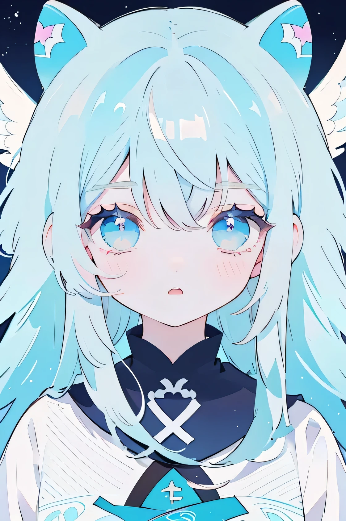 Anime girl with blue and blond and long hair with blue eyes, Shitao's anime drawing, pixiv, conceptual art, soft anime illustration, mocking anime face, extremely cute Anime girl face, anime image of a cute girl, cute Anime girl, anime style 4k, cute Anime girl portraits, pastel blue eyes, (Anime girl), beautiful anime face, anime atmosphere, wings on the head