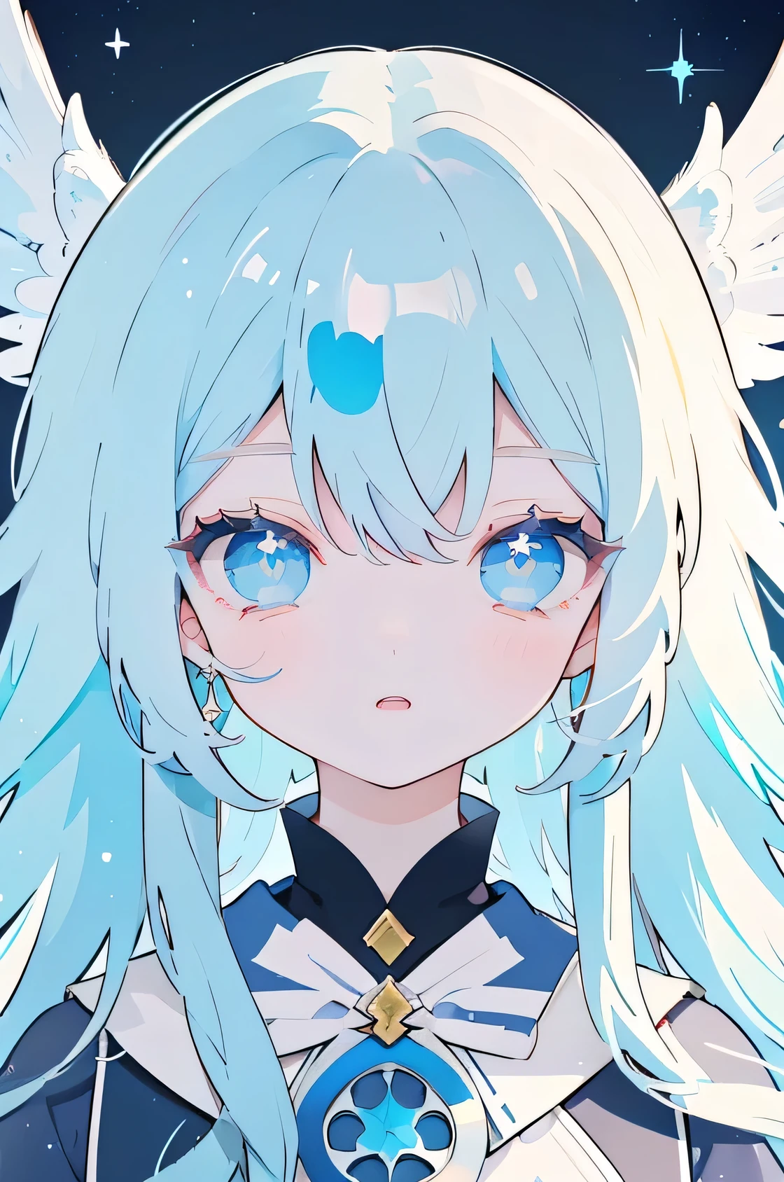 Anime girl with blue and blond and long hair with blue eyes, Shitao's anime drawing, pixiv, conceptual art, soft anime illustration, mocking anime face, extremely cute Anime girl face, anime image of a cute girl, cute Anime girl, anime style 4k, cute Anime girl portraits, pastel blue eyes, (Anime girl), beautiful anime face, anime atmosphere, wings on the head