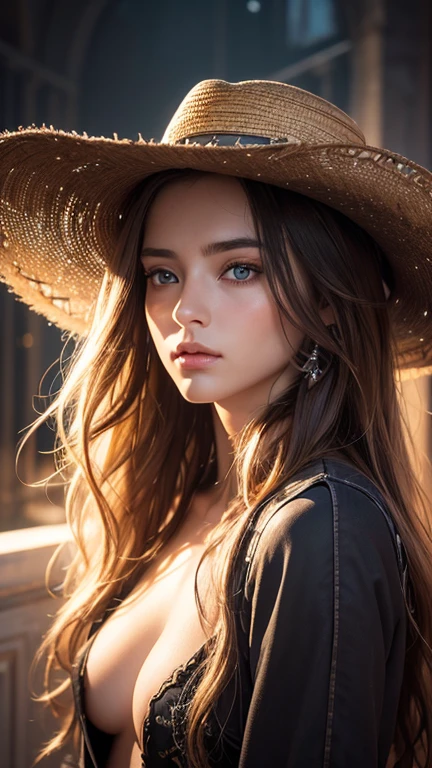 Hyperrealistic digital painting of a beautiful girl, reflections in the eyes very detailed, looking at the viewer, long messy hair, cowboy hat, in a surreal and fantastic decor, precise anatomy, with symmetrical centered composition, volumetric lighting, rays, bright color reflections, high contrast