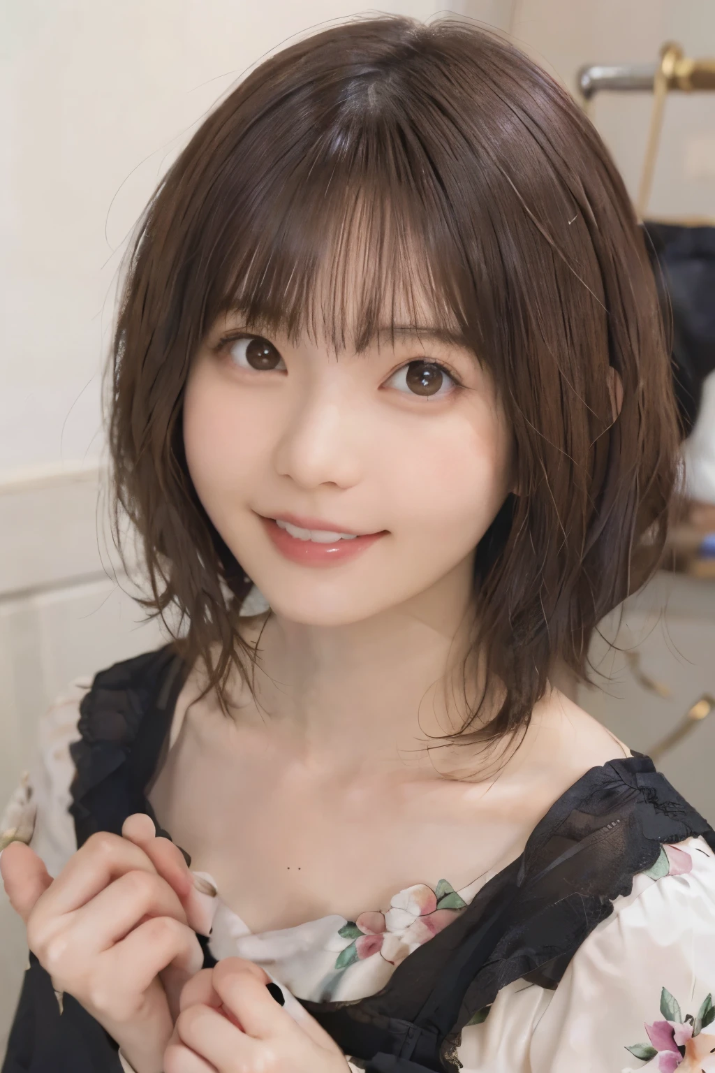205 ((short hair)), 20 year old female, surrealism, Floral smile、Beautiful teeth alignment、Brown Hair