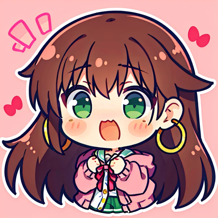 1girl,chibi,face close-up, wavy brown hair, green eyes, moles under eye, blush, shy, hoop earrings, pink cardigan, flustered, long hair, dark brown hair, completely red, ((shock))