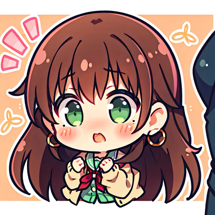 1girl,chibi,face close-up, wavy brown hair, green eyes, moles under eye, blush, shy, hoop earrings, pink cardigan, flustered, long hair, dark brown hair, completely red, ((shock))