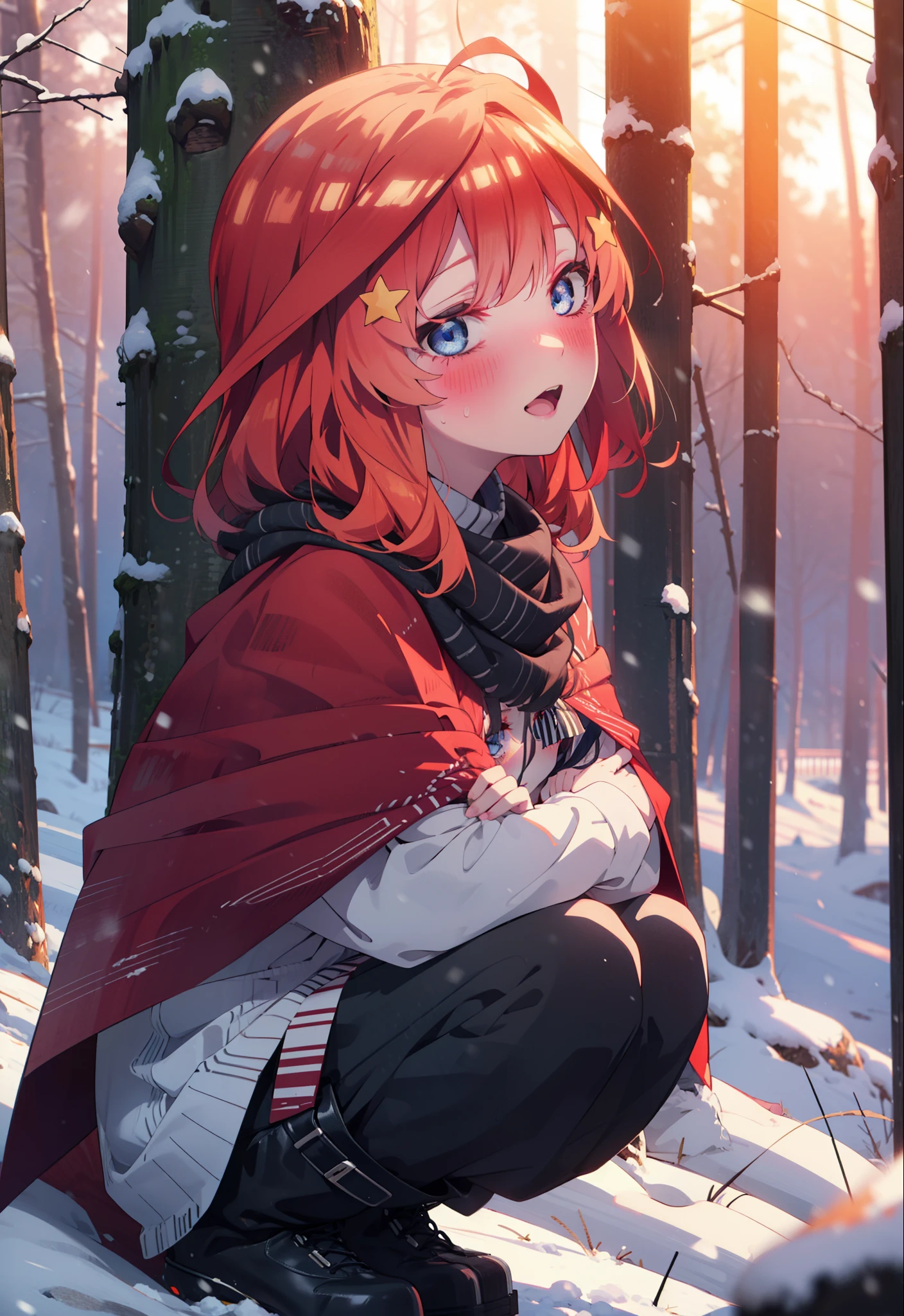 itsukinakano, Itsuki Nakano, bangs, blue eyes, Hair between the eyes, Ahoge, Redhead, star \(symbol\), hair ornaments, star hair ornaments,smile,blush,White Breath,
Open your mouth,snow, fire, Outdoor, boots, snowing, From the side, wood, suitcase, Cape, Blurred, Increase your meals, forest, White handbag, nature,  Squat, Mouth closed, フードed Cape, winter, Written boundary depth, Black shoes, red Cape break looking at viewer, Upper Body, whole body, break Outdoor, forest, nature, break (masterpiece:1.2), highest quality, High resolution, unity 8k wallpaper, (shape:0.8), (Beautiful and beautiful eyes:1.6), Highly detailed face, Perfect lighting, Extremely detailed CG, (Perfect hands, Perfect Anatomy),