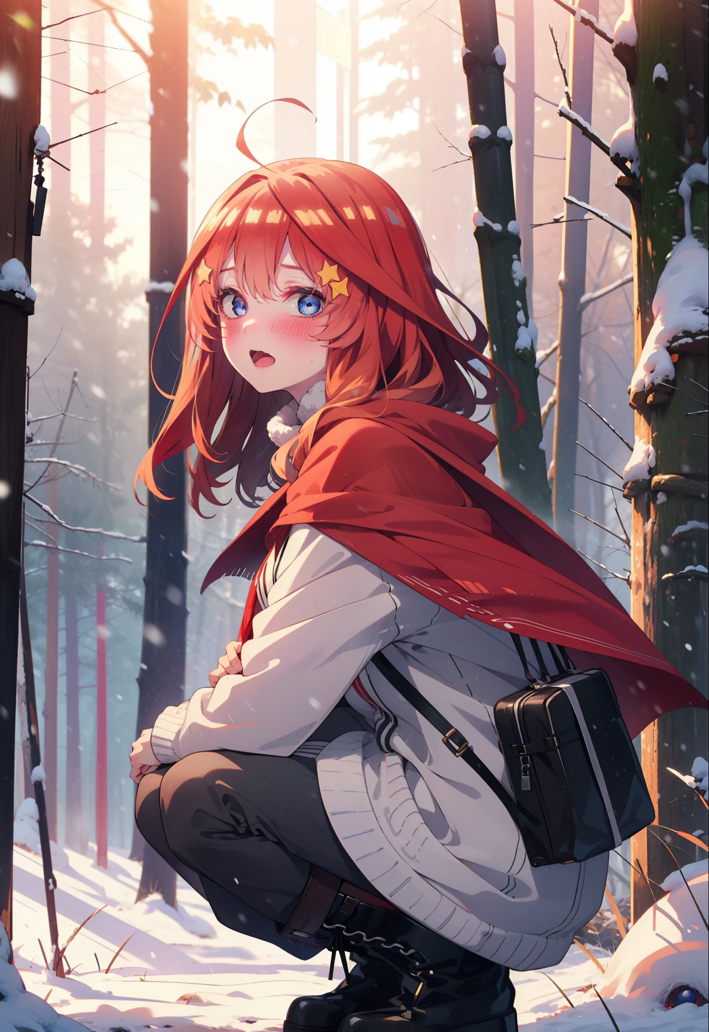 itsukinakano, Itsuki Nakano, bangs, blue eyes, Hair between the eyes, Ahoge, Redhead, star \(symbol\), hair ornaments, star hair ornaments,smile,blush,White Breath,
Open your mouth,snow, fire, Outdoor, boots, snowing, From the side, wood, suitcase, Cape, Blurred, Increase your meals, forest, White handbag, nature, Squat, Mouth closed, フードed Cape, winter, Written boundary depth, Black shoes, red Cape break looking at viewer, Upper Body, whole body, break Outdoor, forest, nature, break (masterpiece:1.2), highest quality, High resolution, unity 8k wallpaper, (shape:0.8), (Beautiful and beautiful eyes:1.6), Highly detailed face, Perfect lighting, Extremely detailed CG, (Perfect hands, Perfect Anatomy),