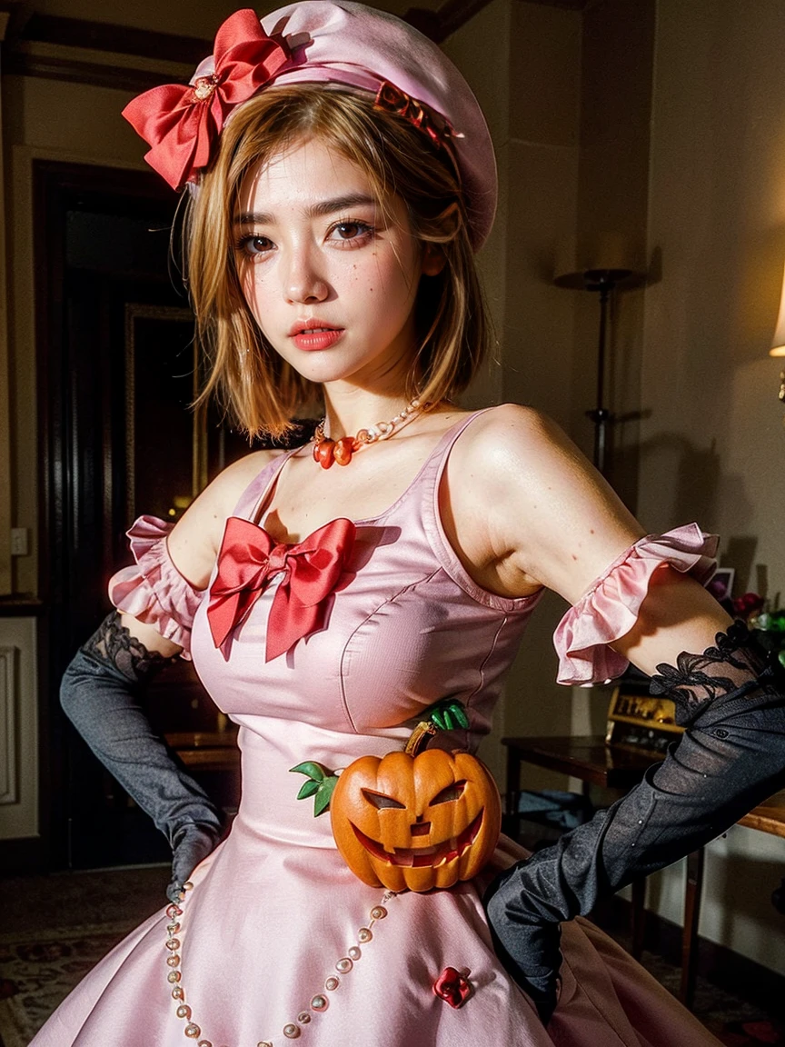 (1 lady), The beautiful, (Best quality at best:1.4), (ultra - detailed), (extremely detailed CG unified 16k), orange redhair, very detailed, High-definition RAW color photo, professional photoshooting, amazing face and eyes, cosmetics, (amazingly beautiful girl), ((lambdadelta, tall woman, taller)), ((dress, red bow, pink hat, necklace, gloves, pearl, pink dress, pumpkin brooch)), standing, realistic cinematic face, photo portrait, upper body (shoulders to head), photorealistic, ((realistic natural orange redhair style, red eyes)), gorgeous, extremely beautiful face, perfect model beauty, pout mouth, flirting smile, cleavages, city girl, western, (masterpiece), best quality, high resolution, extremely detailed, blurred background, depth of field, cinematic lighting, clear and well-cared skin