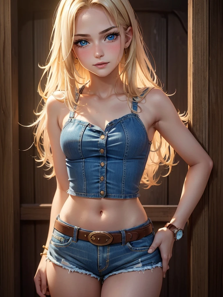 ((alone:1.5)),(masterpiece, highest quality:1.4), (8k), Beautiful young blonde woman, (((18-year-old, Pretty girl))), Detailed blue eyes, Long eyelashes,( blush:1.2), A kind smile, Upper Body, Sleeveless collared shirt. Small breasts, Denim shorts,belt,((watch:1.2)), (View Viewer), Beautiful blonde hair, White skin, Long Hair, Parted bangs,Navel exposed, (Small breasts), (basement), (Dark Light),(Sexy Face:1.3),(Open your mouth:0.7),(((Cowboy Shot:1.2)))