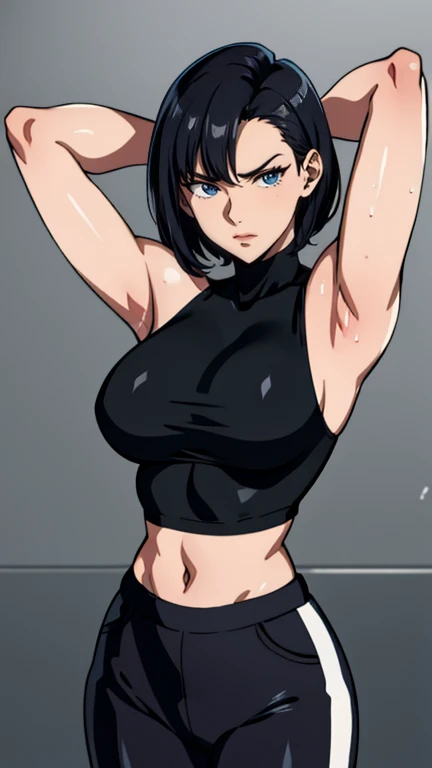 gym background、Super detailed illustrations、angry expression、masterpiece、highest quality、ultra high resolution、high resolution、(Sweat、body fluid)、shiny skin、black hair、very short hair、color red eyes、white croptop turtleneck、sleeveless、Standing picture、hot pants、put hands behind head, armpits, armpits visible, very large breasts, looking at viewer