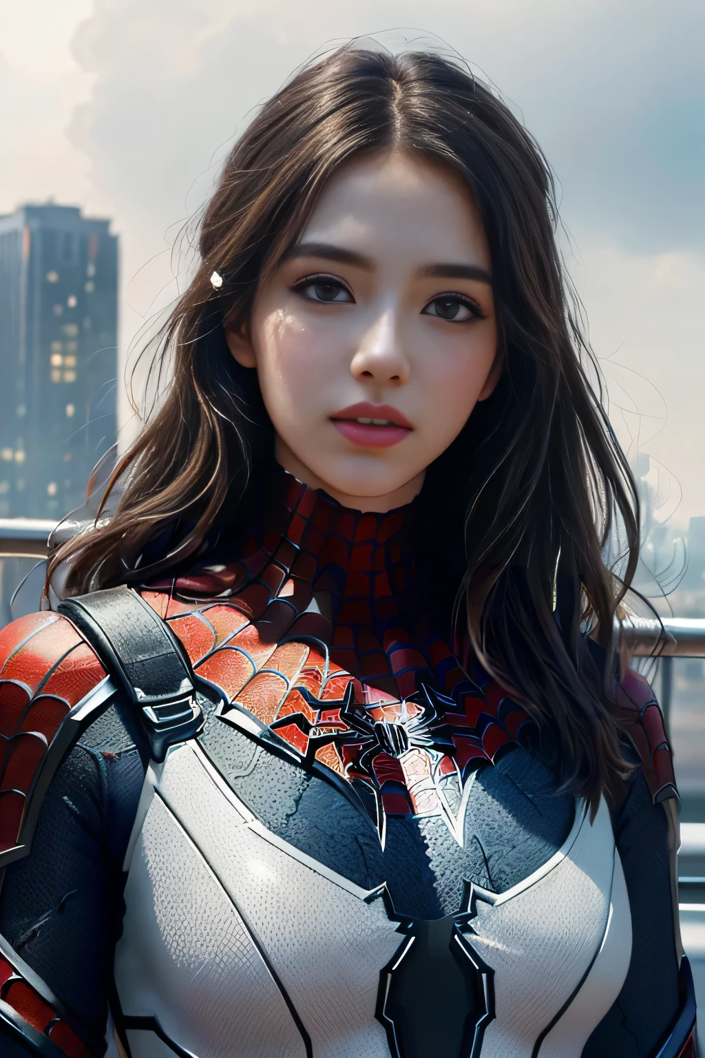 (1girl:1.3), Solo, (((Very detailed face)))), ((Very detailed eyes and face)))), Beautiful detail eyes, Body parts__, Official art, Unified 8k wallpaper, Super detailed, beautiful and beautiful, beautiful, masterpiece, best quality, original, masterpiece, super fine photo, best quality, super high resolution, realistic realism, sunlight, full body portrait, amazing beauty, dynamic pose, delicate face, vibrant eyes, (from the front), She wears Spider-Man suit, red and black color scheme, spider, very detailed city roof background, rooftop, overlooking the city, detailed face, detailed complex busy background, messy, gorgeous, milky white, highly detailed skin, realistic skin details, visible pores, clear focus, volumetric fog, 8k uhd, DSLR, high quality, film grain, fair skin, photo realism, lomography, futuristic dystopian megalopolis, translucent