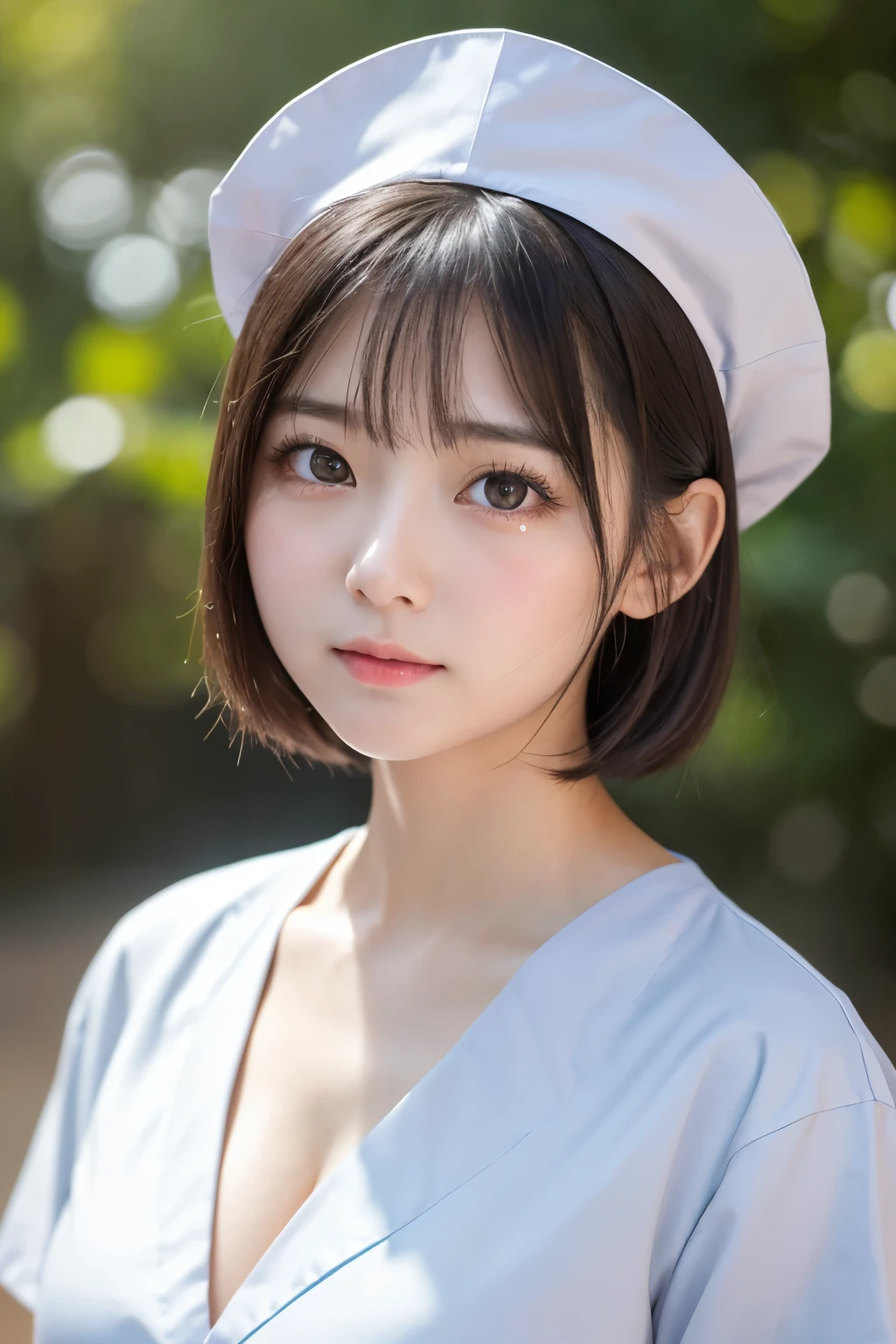 (1 Girl)、(Beautiful Japanese、18years old,round face、Refreshing、clear、seems kind、stylish、Pitiful、cute like an angel、cute、black eyes、,actress,Almond-shaped eyes,Translucent white skin、Beautiful skin), Good style , (Beautiful big breasts:1.2),(soft breasts),(very cute),(Black hair),(short bob hair),(enchanting eyes),(highlight on eyes:1.2)、(8K、Live shooting、highest quality、masterpiece:1.2、optimal lighting)、((masterpiece)),(Photo taken by a professional photographer),(real、photo real:1.4),break,{ (White nurse costume),(((taraditional nurse uniform)))},(Embarrassed face),(tears:1.4))(cheeks are red:1.2), break, break,Old abandoned hospital,Face shot:1.3、looking at viewer, face close-up,Looking up、sitting、Cleavage:1.3、Peering in with a worried look on his face。(((Looking back))),Smile:1.3