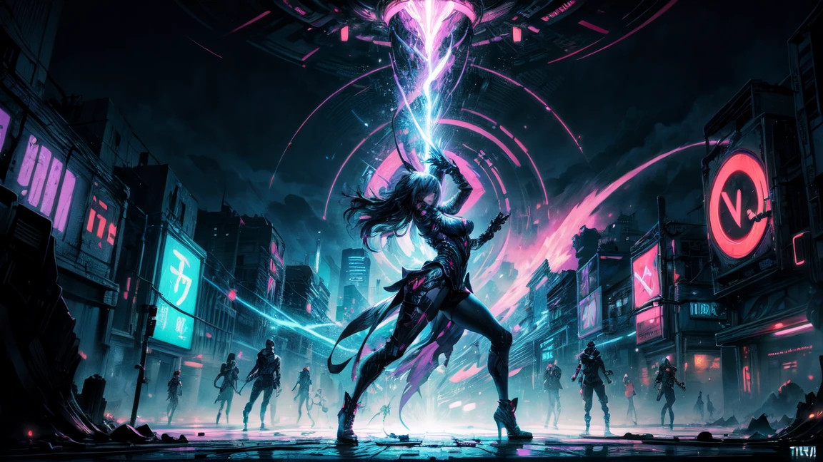 DemiHawks, Urban sprawl, woman, urban dance clothing, Dramatic lighting, High Contrast, silhouette, Poster-worthy, Street fashion, graffiti, Neon Light, Shadow, Dystopia, cyber punk, Futuristic, SF, Tron, Blade Runner, Elysium, Westworld, Black Neon, dance, fluid, dynamic, energy, Movement, shape, performance. Night Sky, Neon Street,