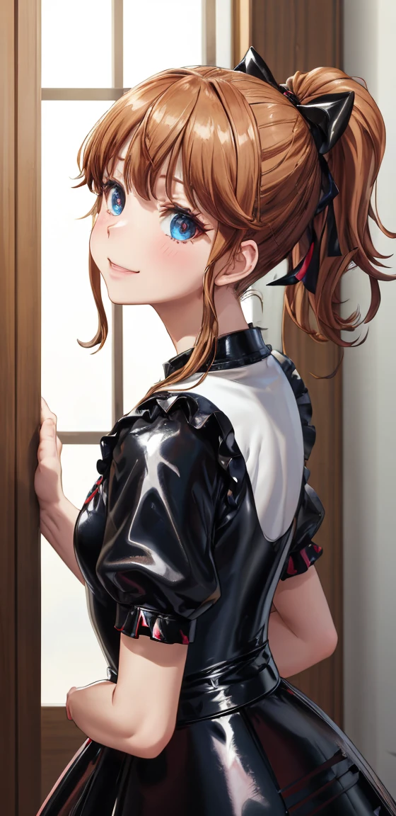 highest quality, (Head&#39;artwork:1.2), Very detailed, Are standing, street,
1 Girl, only, akatsuki minami,
Look at the viewers, Mouth closed, smile, Slight redness,
blue eyes, Brown Hair, ponytail, Hair Ribbon, Sleeveless, ((dominant girl, Petticoats and latex,  Latex shirt)),(Excellent_Legion)