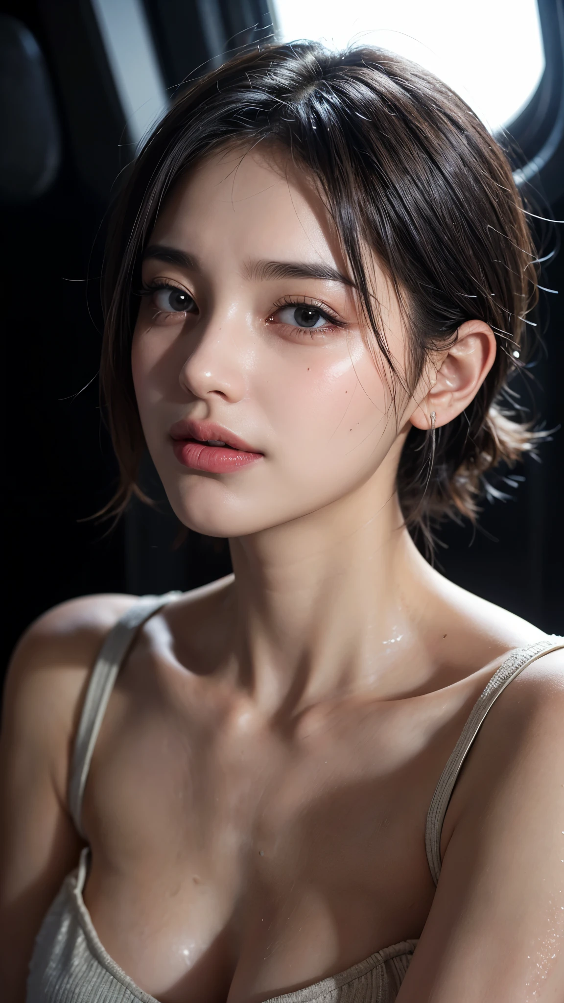 (Best quality, 4k, Masterpiece :1.4), pretty woman, 1girl, sexy :1.1, bangs dark brown hair: 1.1, (office uniform), ultra-detailed face, detailed lips, detailed eyes, double eyelid, in the dark, deep shadow, low key, cold light, (Best quality, 4k, Masterpiece :1.4), pretty woman, 1girl, sexy :1.1, dark brown hair: 1.1, white tank tops, ultra-detailed face, detailed lips, detailed eyes, double eyelid, in the dark, deep shadow, low key, cold light, (fantasy library background),