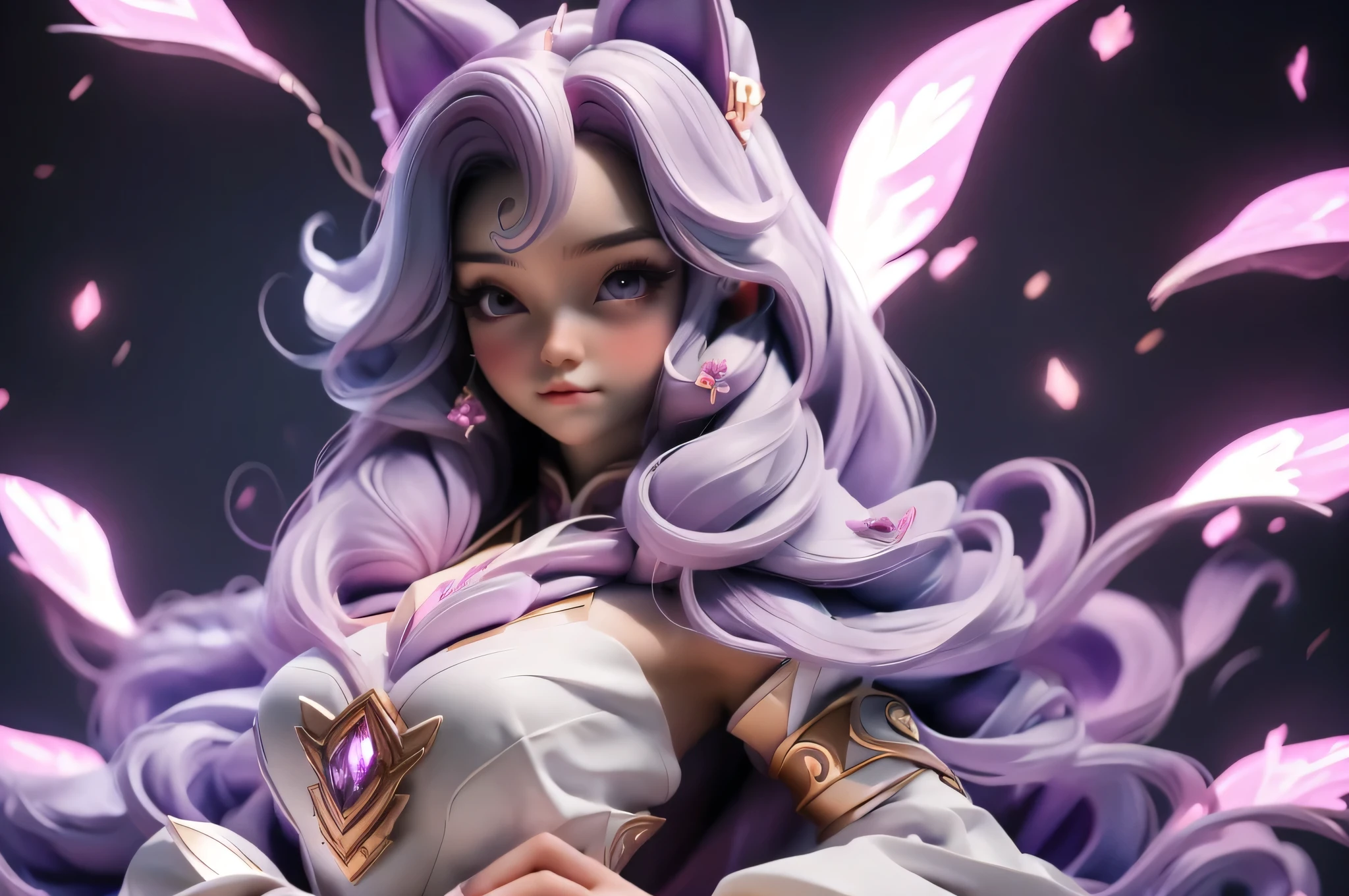 (((tmasterpiece))), Best quality at best, illustratio, 4k wallpaper, light, absurd res, Portrait of 1girl, long whitr hair, purple crystal hair, glowing hairs, bloom hair, Costume princess, looking to the front，upper body look