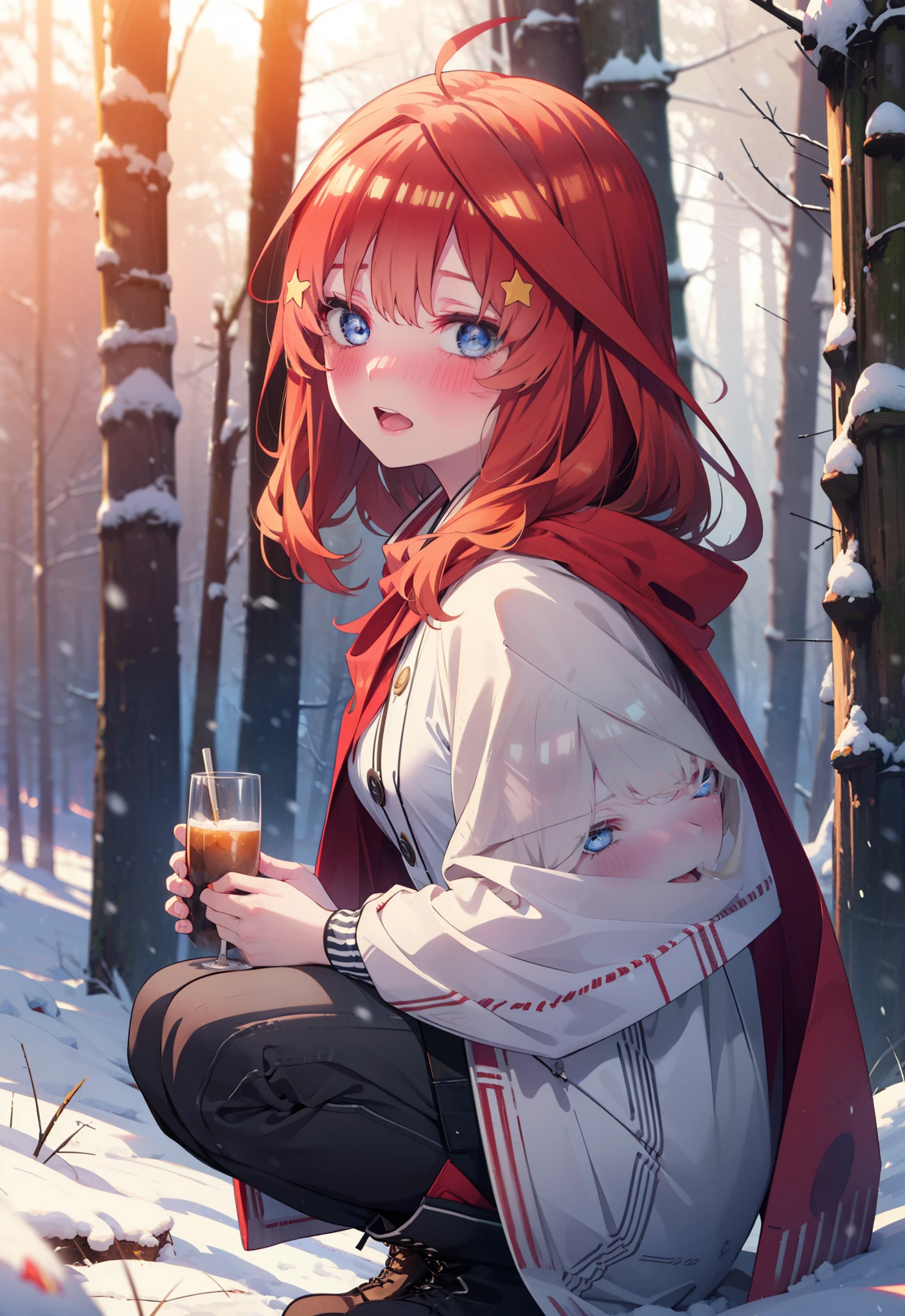 itsukinakano, Itsuki Nakano, bangs, blue eyes, Hair between the eyes, Ahoge, Redhead, star \(symbol\), hair ornaments, star hair ornaments,smile,blush,White Breath,
Open your mouth,snow, fire, Outdoor, boots, snowing, From the side, wood, suitcase, Cape, Blurred, Increase your meals, forest, White handbag, nature,  Squat, Mouth closed, フードed Cape, winter, Written boundary depth, Black shoes, red Cape break looking at viewer, Upper Body, whole body, break Outdoor, forest, nature, break (masterpiece:1.2), highest quality, High resolution, unity 8k wallpaper, (shape:0.8), (Beautiful and beautiful eyes:1.6), Highly detailed face, Perfect lighting, Extremely detailed CG, (Perfect hands, Perfect Anatomy),