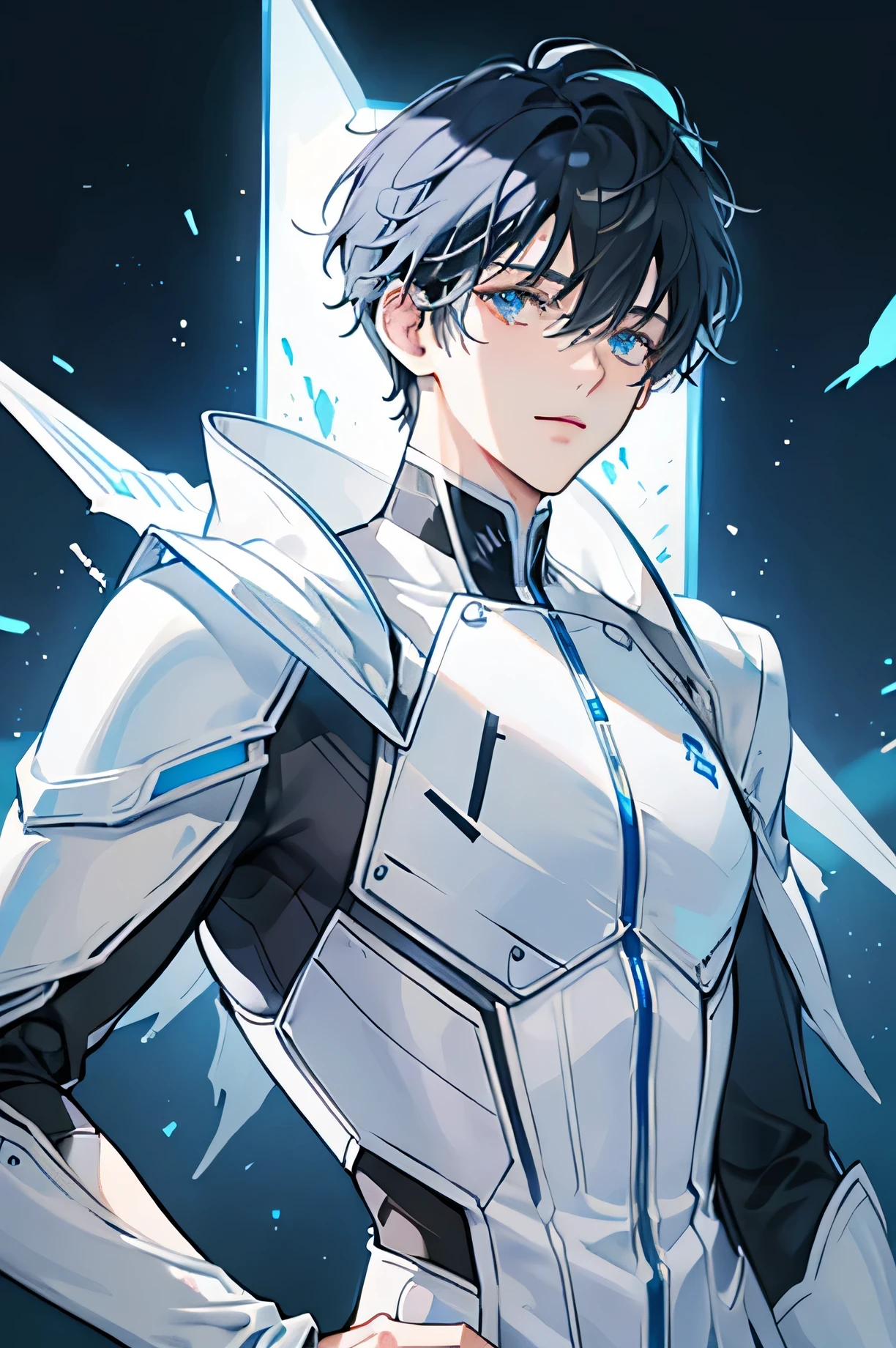 Handsome 22 year old cyborg　　Very short black hair　future　universe　Science fiction　looking at the camera　White and blue armor　White rubber suit　Plug Suit　Mega Bulge　　《Faded tones of pastel colour　Calm colors　Soft shades　Faded screen》　no background　pastel colour