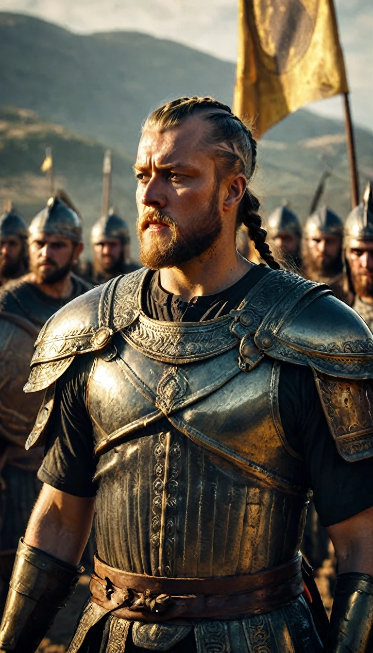 depicting a Ragnar Lothbrok standing triumphantly on a battlefield, surrounded by the banners of conquered kingdoms, digital UHD (64k) image, cinematic film still dramatic side lighting, dramatic intense stare closeup portrait,  hdr,  shallow depth of field, vignette, highly detailed, high budget Hollywood film, cinemascope, moody, epic, gorgeous
, Highly detailed and clean, Photorealistic and cinematic masterpiece, professional photography, realistic, realism, 200k , Raytracing and light effect , digital, perfect composition, beautiful detailed intricate insanely detailed octane render trending on artstation, 8 k artistic photography, photorealistic concept art, soft natural volumetric cinematic perfect light, award - winning photograph, masterpiece, raphael, caravaggio, greg rutkowski, beeple, beksinski, giger