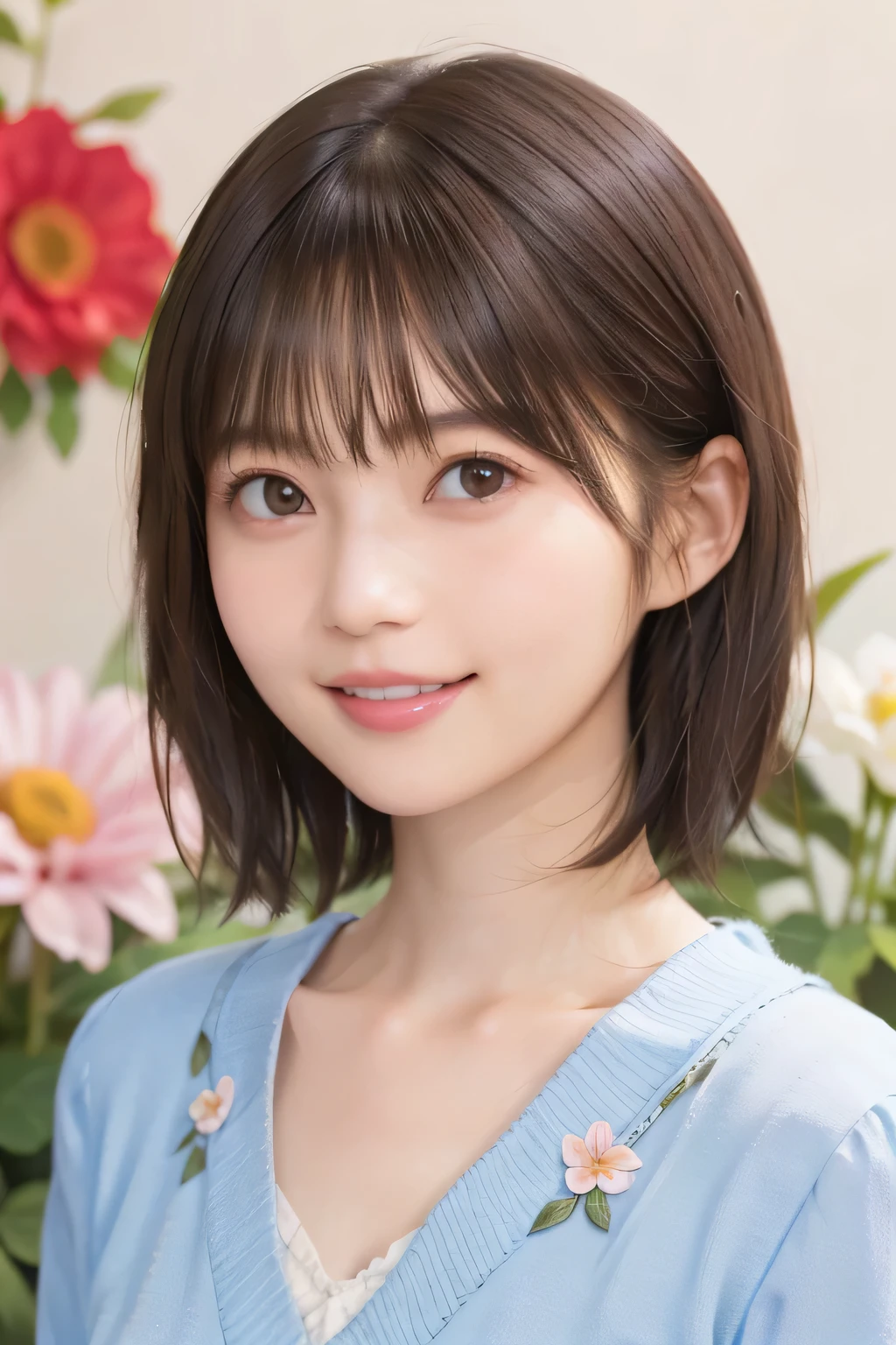 205 ((short hair)), 20 year old female, surrealism, Floral smile、Beautiful teeth alignment、Brown Hair