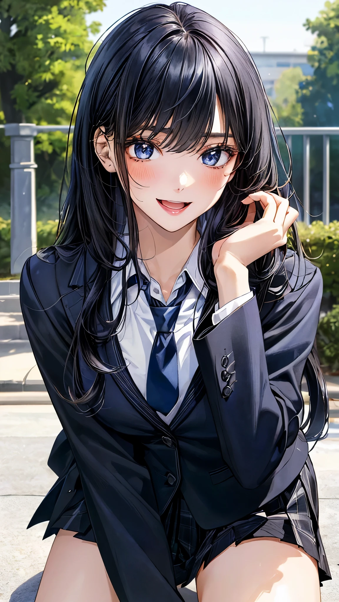 (masterpiece:1.3, top-quality, ultra high res, ultra detailed), (realistic, photorealistic:1.4), beautiful illustration, perfect lighting, natural lighting, colorful, depth of fields, ,
beautiful detailed hair, beautiful detailed face, beautiful detailed eyes, beautiful clavicle, beautiful body, beautiful chest, beautiful thigh, beautiful legs, beautiful fingers, shiny skin, babyface,
looking at viewer, (face focus), 1 girl, high school girl, (perfect anatomy, anatomically correct, super detailed skin), cute and symmetrical face, perfect face, perfect eyes,
(long hair, straight hair, navy hair), swept bangs, blue eyes, long eyelashes, (small breasts, seductive thighs), slender, outstanding style, ,
(detailed cloth texture), break, ((black blazer, black over plaid pleated skirt)), break, (blue grey cardigan, blue tie), break, (white collared shirt), break,
(beautiful scenery), spring\(season\), late afternoon, (grassy, kitten), squatting, (lovely smile, open mouth small),