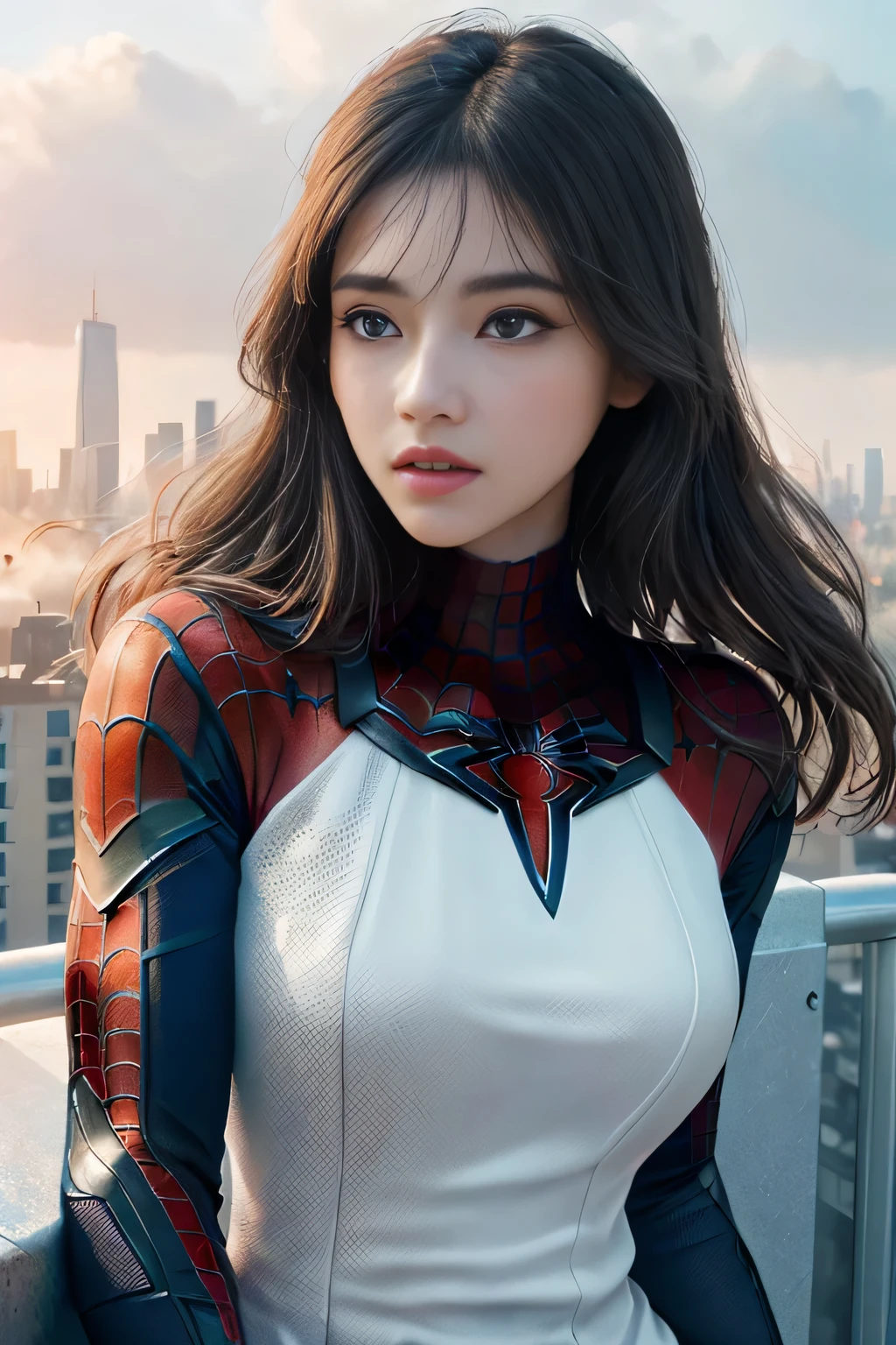 (1girl:1.3), Solo, (((Very detailed face)))), ((Very detailed eyes and face)))), Beautiful detail eyes, Body parts__, Official art, Unified 8k wallpaper, Super detailed, beautiful and beautiful, beautiful, masterpiece, best quality, original, masterpiece, super fine photo, best quality, super high resolution, realistic realism, sunlight, full body portrait, amazing beauty, dynamic pose, delicate face, vibrant eyes, (from the front), She wears Spider-Man suit, red and black color scheme, spider, very detailed city roof background, rooftop, overlooking the city, detailed face, detailed complex busy background, messy, gorgeous, milky white, highly detailed skin, realistic skin details, visible pores, clear focus, volumetric fog, 8k uhd, DSLR, high quality, film grain, fair skin, photo realism, lomography, futuristic dystopian megalopolis, translucent