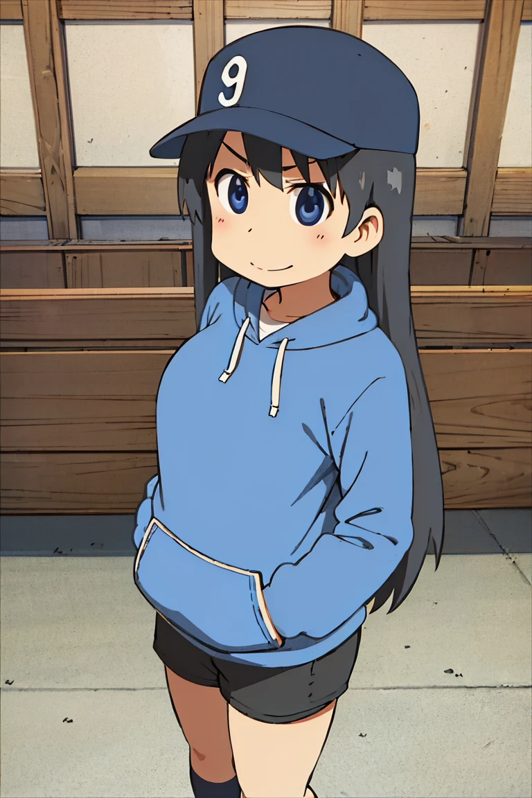 Kyoto animation, female, long hair, black hair, dark blue eye, cute face, thick eyebrows, big breast, sexy butt, slim body, sexy thigs, blue and white hoodie, short pants above thigs, wearing 1940 cap, brave smile, 90s style