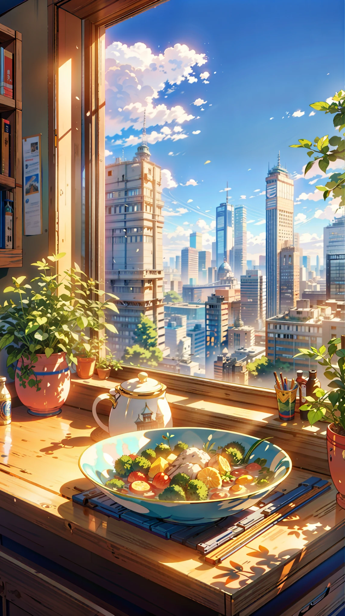 a painting of a bowl of food sitting on a counter in front of a window, hd anime cityscape, anime scenery, anime style cityscape, screenshot from a 2012s anime, cgsociety 9, anime scenery concept art, rio de janeiro in an anime film, still from anime, anime landscape, clean anime art, anime atmospheric, smooth anime cg art, anime background art, anime aesthetic, anime. by makoto shinkai, hd anime cityscape, anime scenery concept art, anime scenery, style of makoto shinkai, makoto shinkai art style, anime. by makoto shinkai, by Makoto Shinkai, by makoto shinkai, anime scenery, kyoto animation, 4k hd,, beautiful art uhd 4 k, a beautiful artwork illustration, beautiful digital painting, highly detailed digital painting, beautiful digital artwork, detailed painting 4 k, very detailed digital painting, rich picturesque colors, gorgeous digital painting, saturated, no human