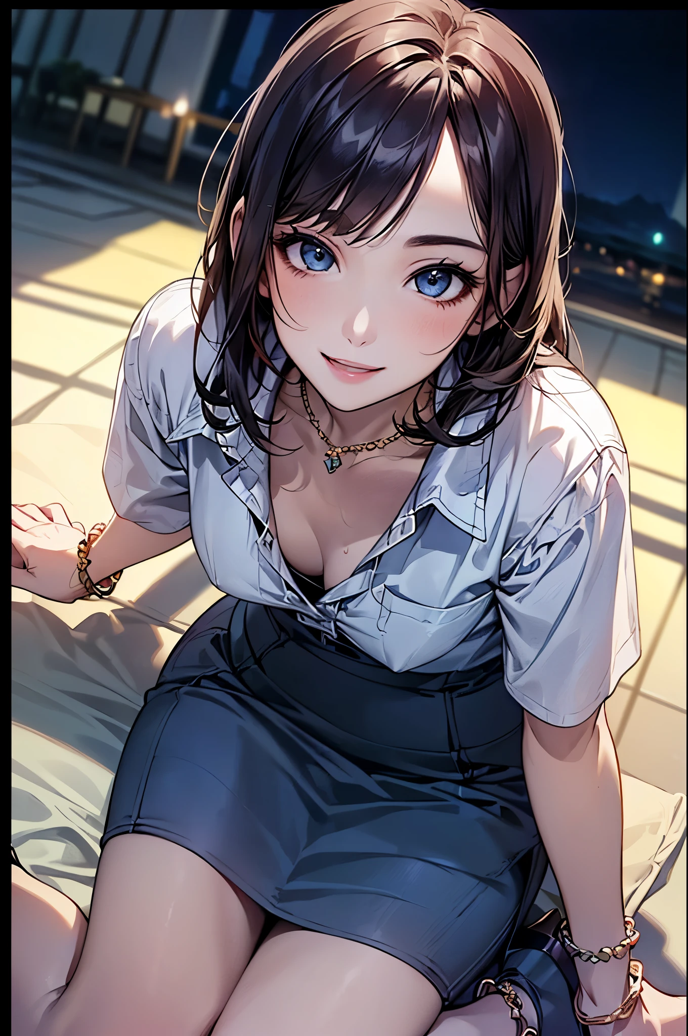 ((Biologically correct limb count))、(( whole body including face))、4K、Masterpiece、((Focus on the face))、((Symmetrical, well-proportioned facial features))、Eyes with delicate depictions、(((1 person)))、Beautiful woman、Outstanding style、Slender Body、、((Navy blue military uniform、shirt、Checked Skirt,(High heels with anklets)))、(((coastal)))、(Smiling and smiling)、(Close-up photo of the upper body)、High angle、Photos with a white border around them、night、